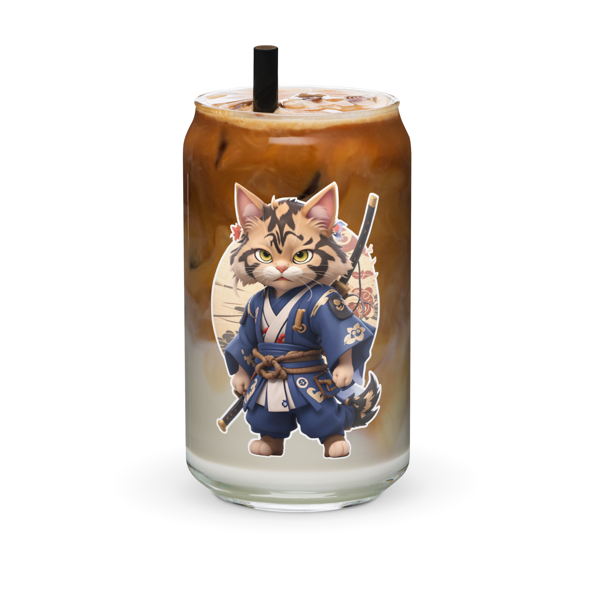 PhilanthroBit's Samurai Warrior Cat UV Printed 16oz Can-shaped glass - filled with icecream float