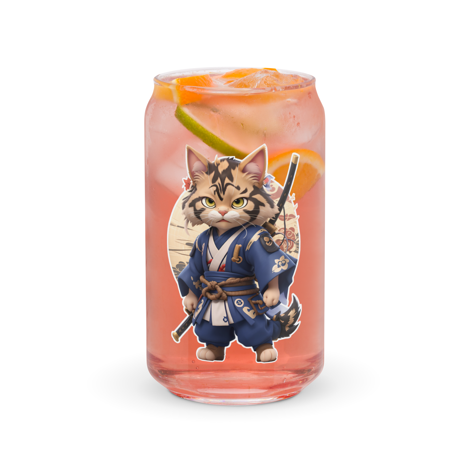 PhilanthroBit's Samurai Warrior Cat UV Printed 16oz Can-shaped glass filled with cola