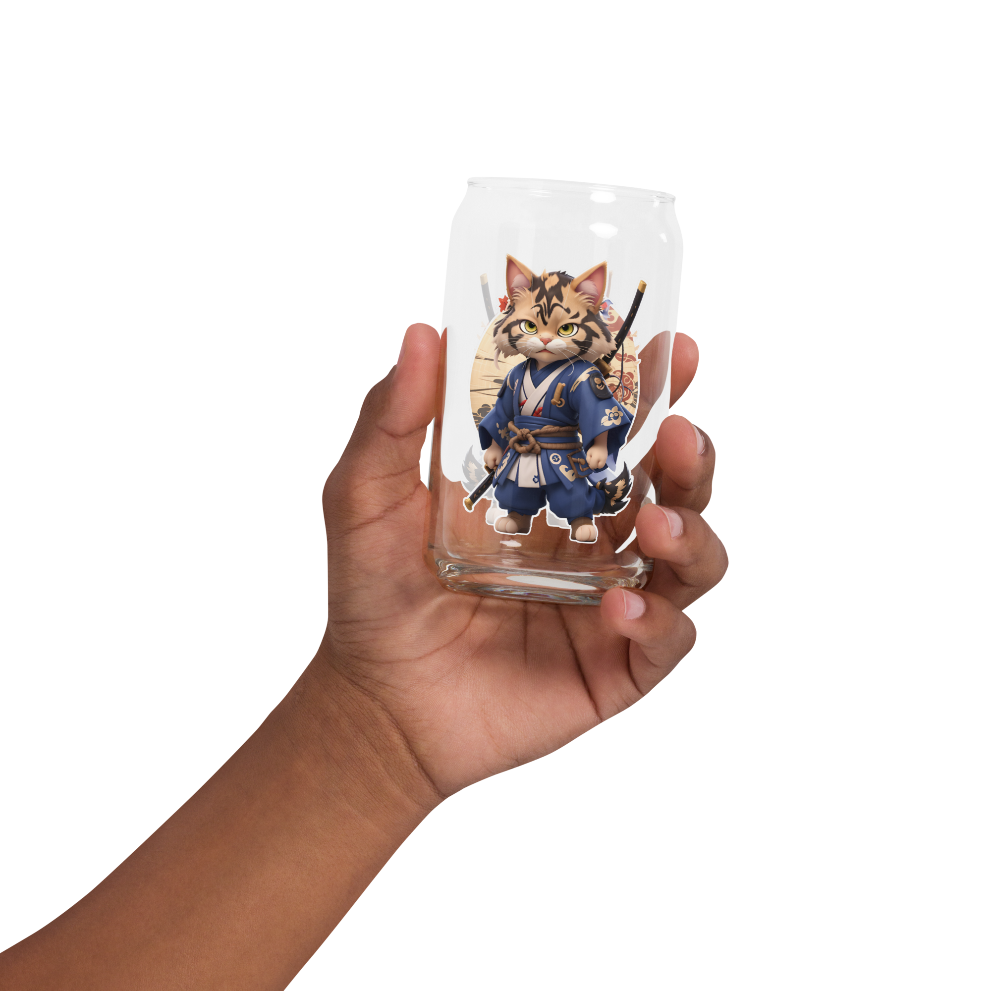 PhilanthroBit's Samurai Warrior Cat UV Printed 16oz Can-shaped glass - empty hand, held in hand