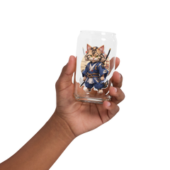 PhilanthroBit's Samurai Warrior Cat UV Printed 16oz Can-shaped glass - empty hand, held in hand