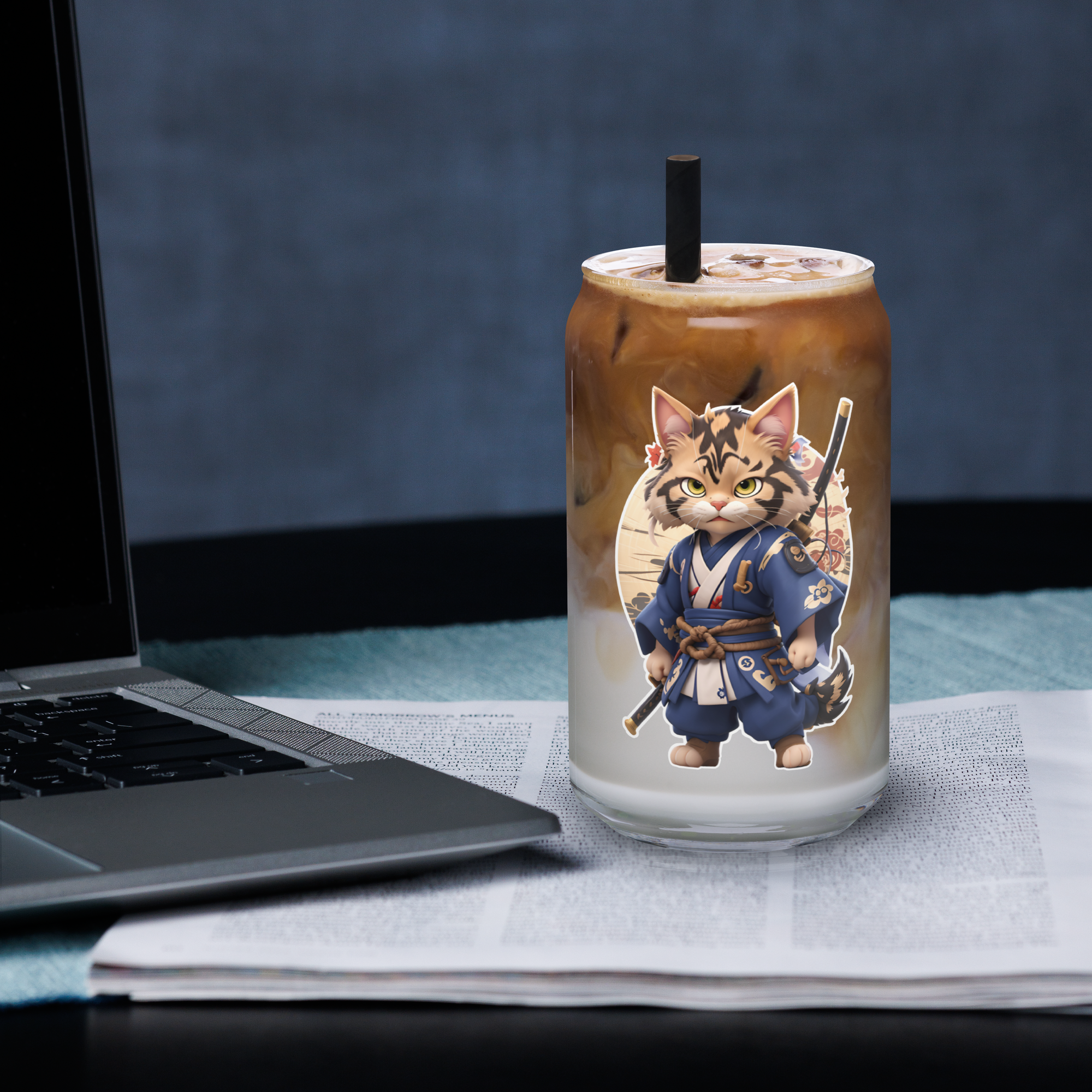 PhilanthroBit's Samurai Warrior Cat UV Printed 16oz Can-shaped glass - on a table