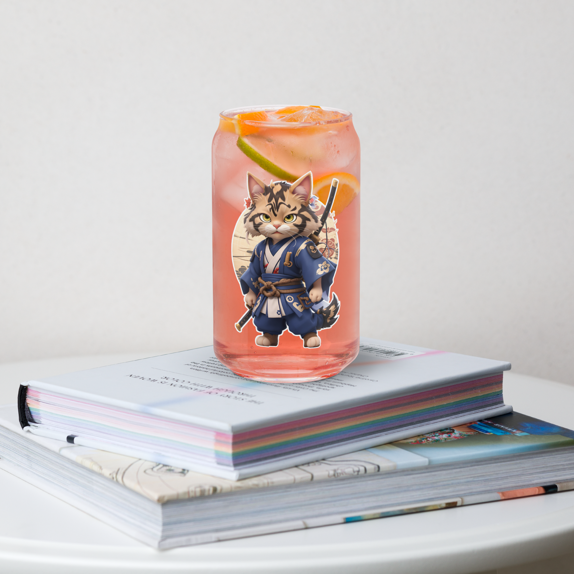 PhilanthroBit's Samurai Warrior Cat UV Printed 16oz Can-shaped glass - on a pile of books