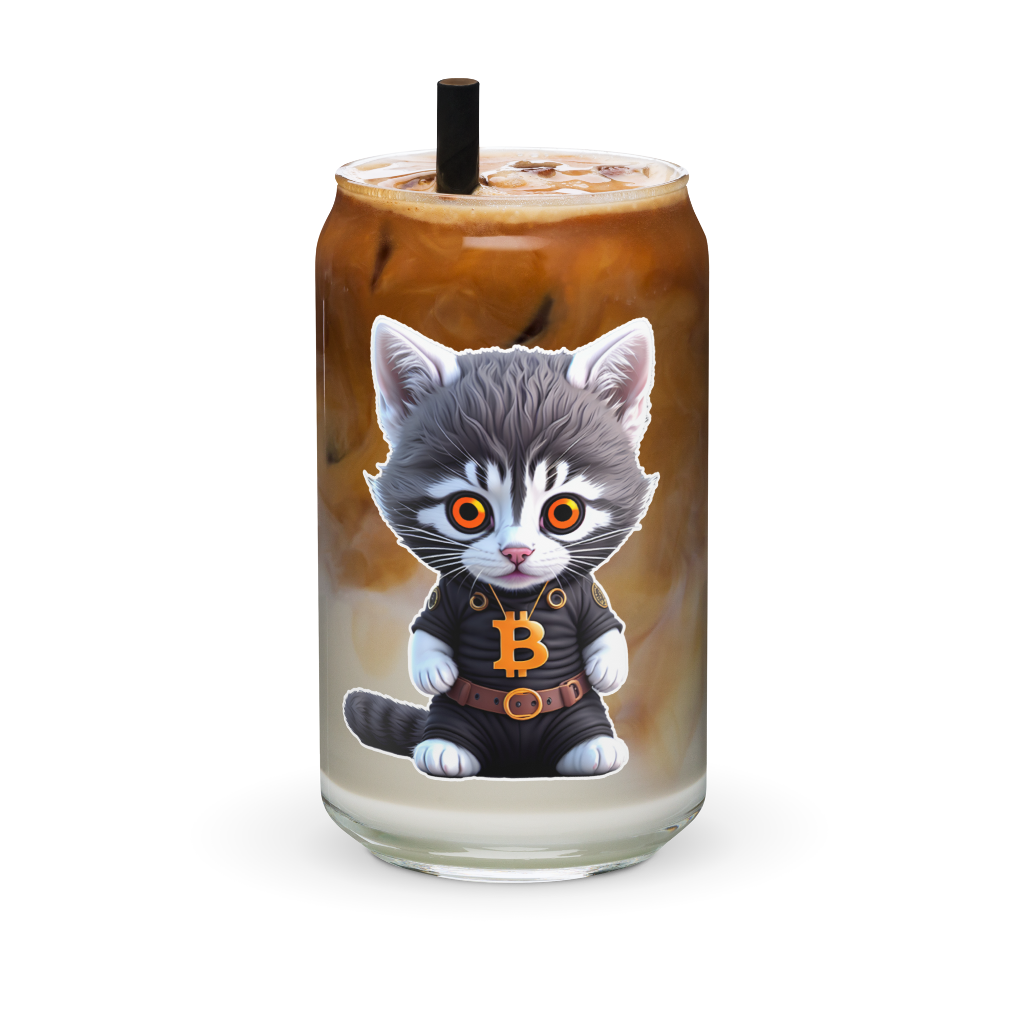 PhilanthroBit's Cool Bitcoin Cat & Logo UV Printed 16oz Can-shaped glass