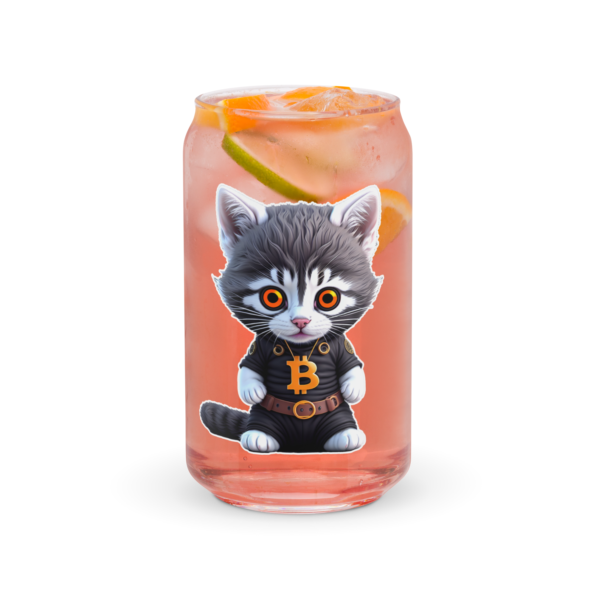 PhilanthroBit's Cool Bitcoin Cat & Logo UV Printed 16oz Can-shaped glass