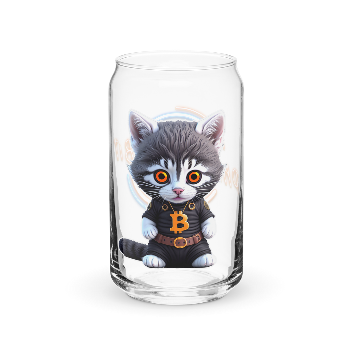 PhilanthroBit's Cool Bitcoin Cat & Logo UV Printed 16oz Can-shaped glass