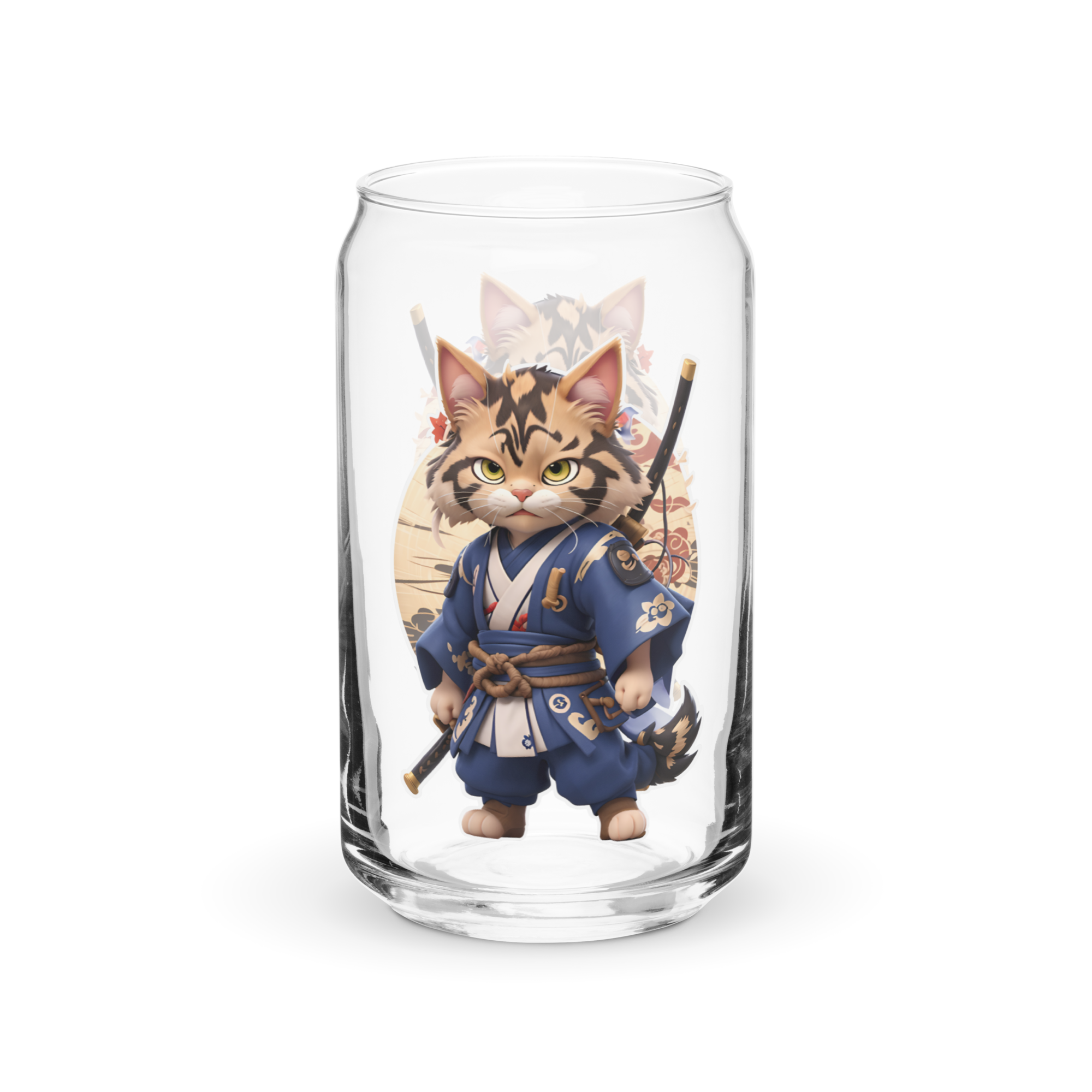 PhilanthroBit's Samurai Warrior Cat UV Printed 16oz Can-shaped glass - empty glass