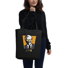 Joltz Rewards Eco Tote Bag - black color, front facing | Colonel with Bitcoin Sunglasses | By PhilanthroBit