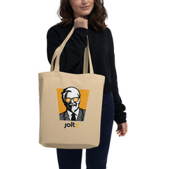 Joltz Rewards Eco Tote Bag - oyster color, front facing | Colonel with Bitcoin Sunglasses | By PhilanthroBit