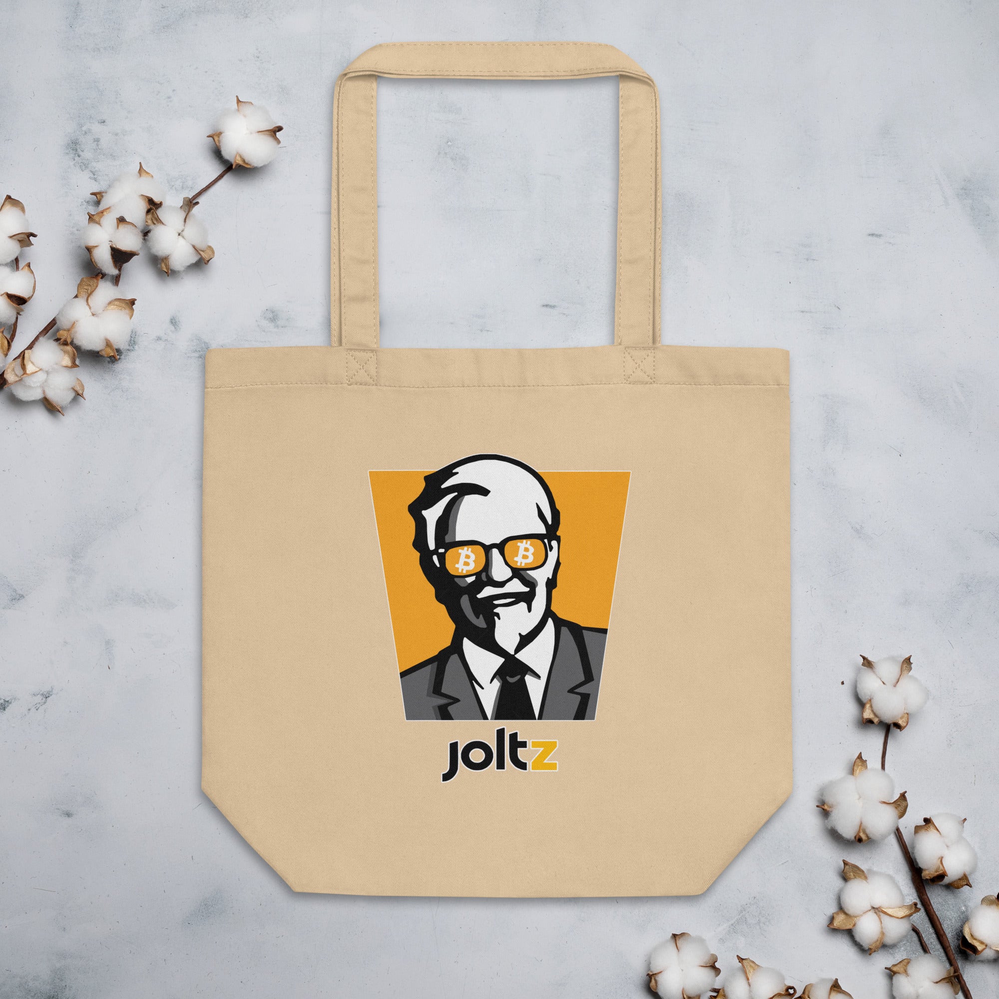 Joltz Rewards Eco Tote Bag - oyster colorwith cotton balls | Colonel with Bitcoin Sunglasses | By PhilanthroBit