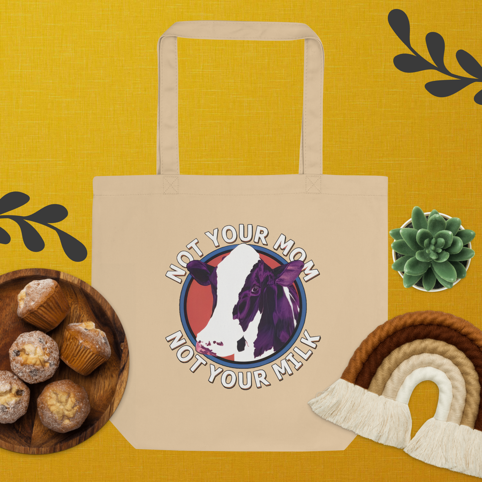 Adorit "Not your Mom, not your Milk" Oyster Tan Eco Tote Bag with food items | By PhilanthroBit