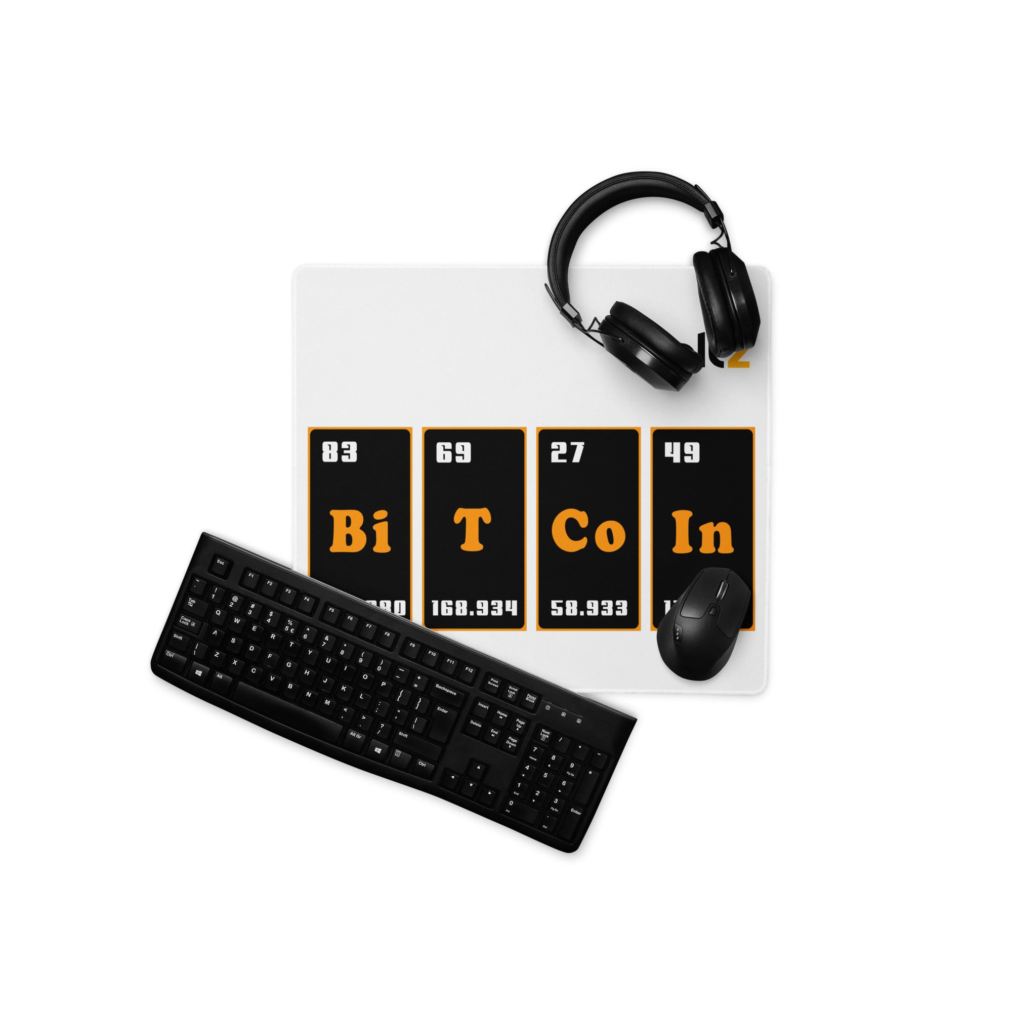 Joltz Rewards Bitcoin Periodic Table Gaming 18"x16" Mouse Pad - with mouse, headphone and keyboard | By PhilanthroBit