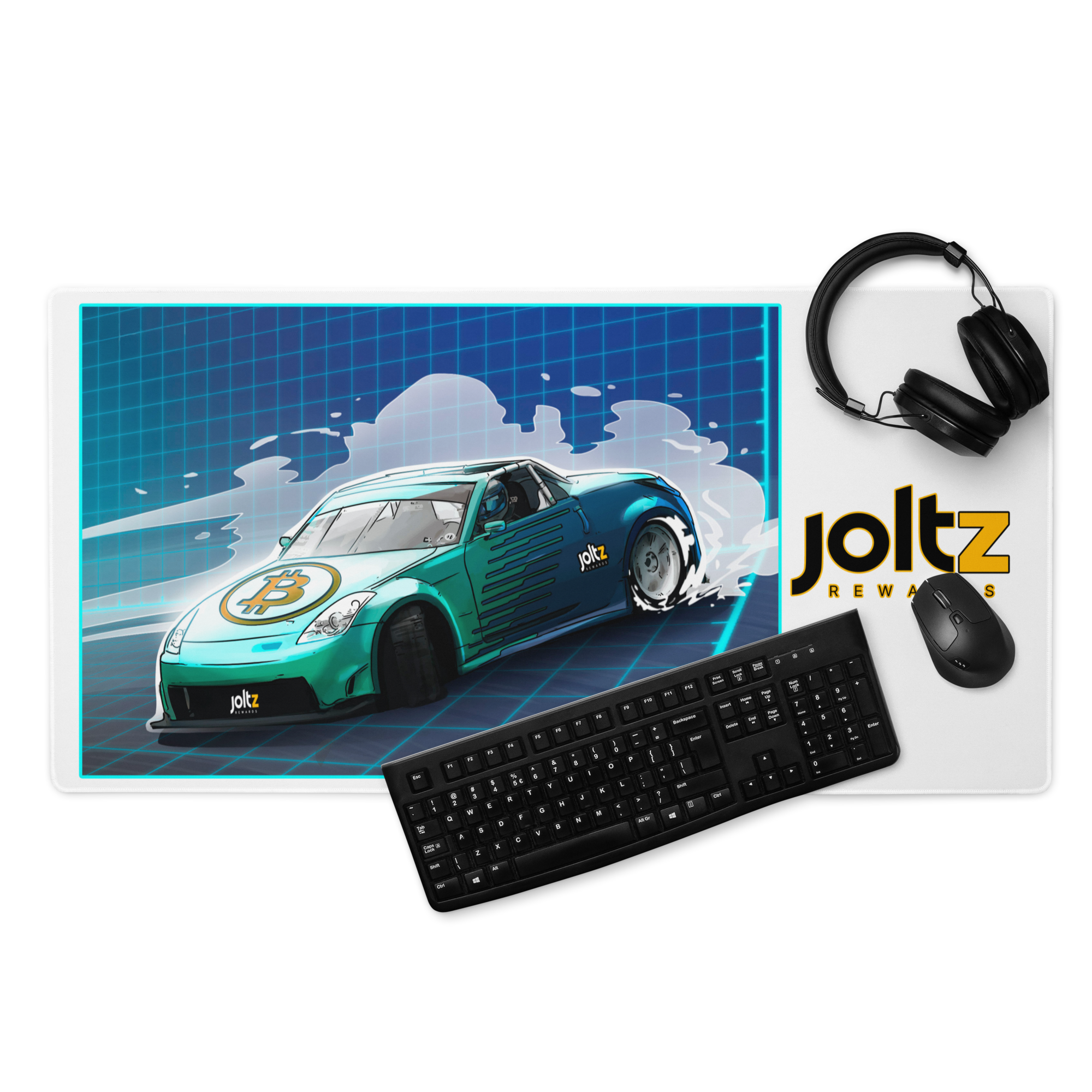 Joltz Rewards Bitcoin Cyan Racecar 36" x 18" Gaming mouse pad with keyboard & mouse | By PhilanthroBit