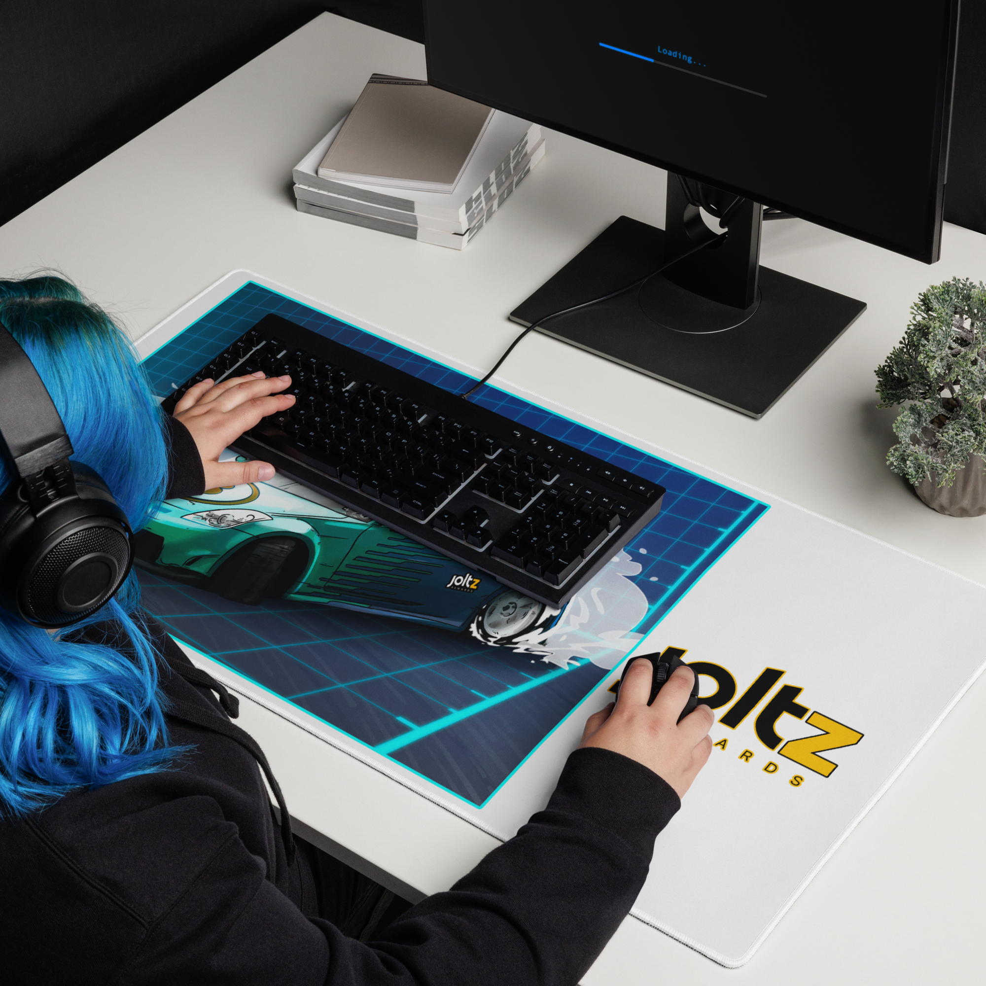 Joltz Rewards Bitcoin Cyan Racecar 36" x 18" Gaming mouse pad on a computer desk | By PhilanthroBit