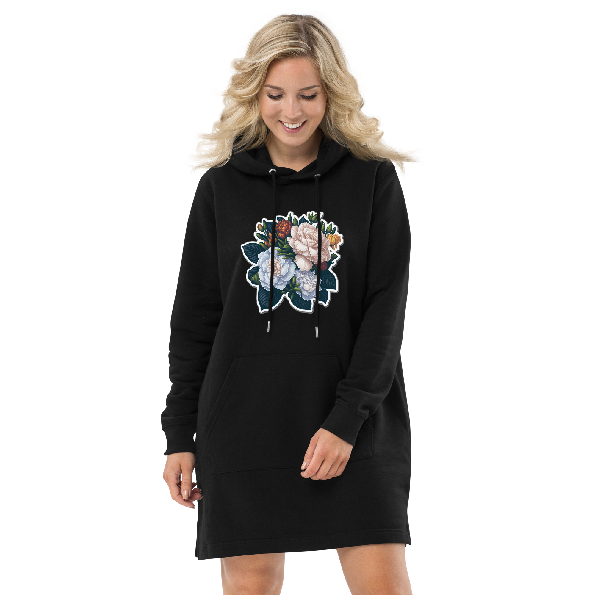 Adorit's Gardenias Bouquet Floral Eco Organic Hoodie dress - front 2 | By PhilanthroBit