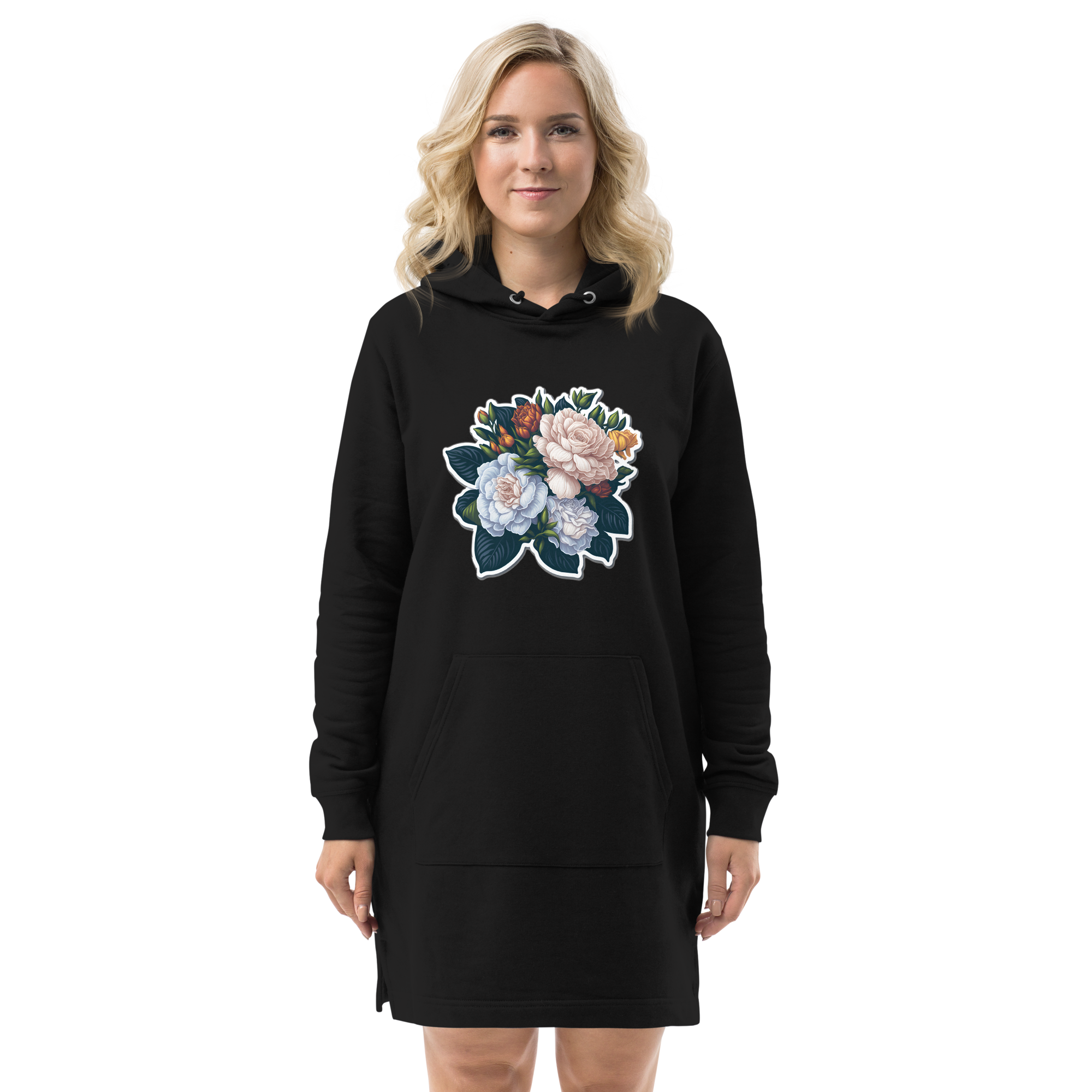 Adorit's Gardenias Bouquet Floral Eco Organic Hoodie dress - front | By PhilanthroBit