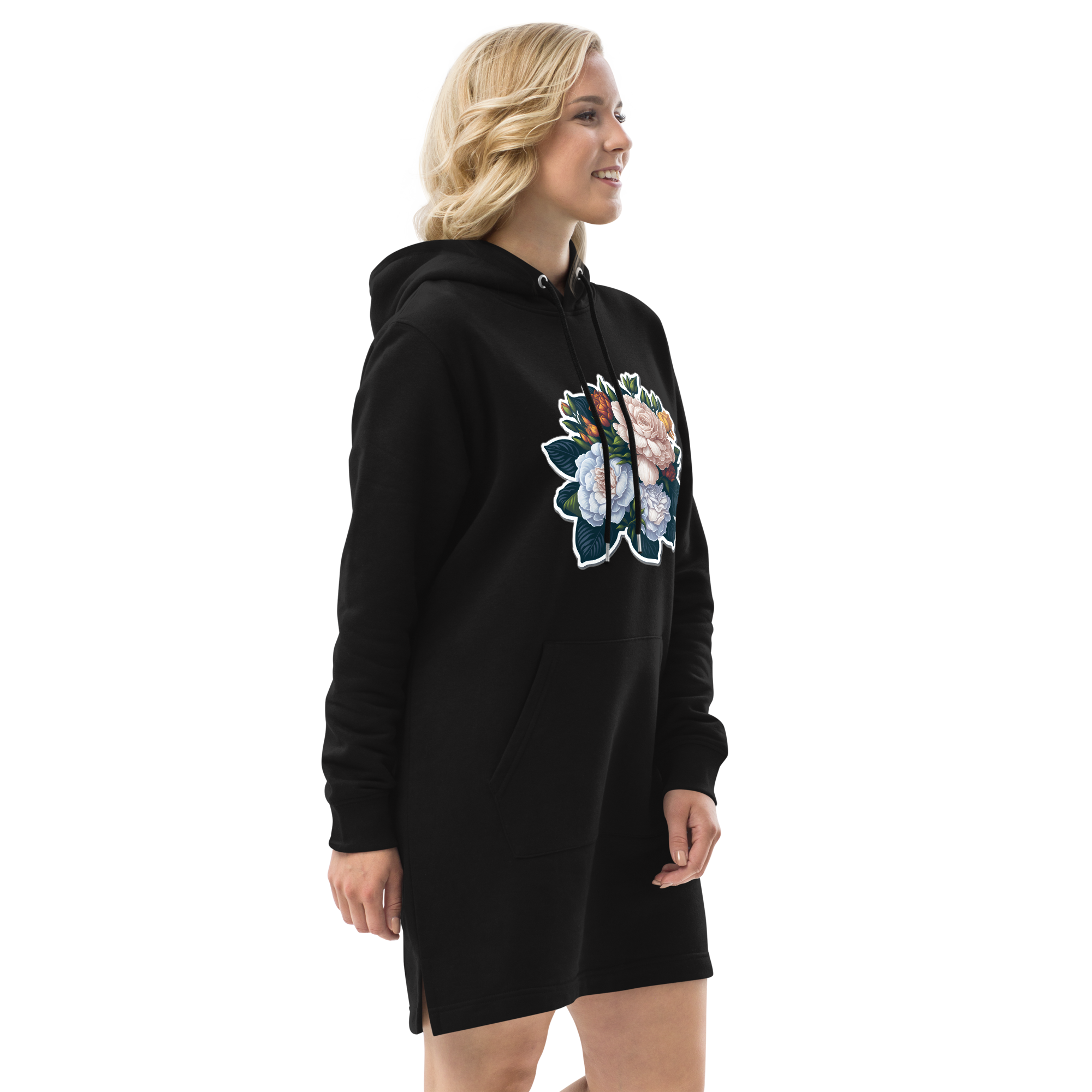 Adorit's Gardenias Bouquet Floral Eco Organic Hoodie dress - right front | By PhilanthroBit