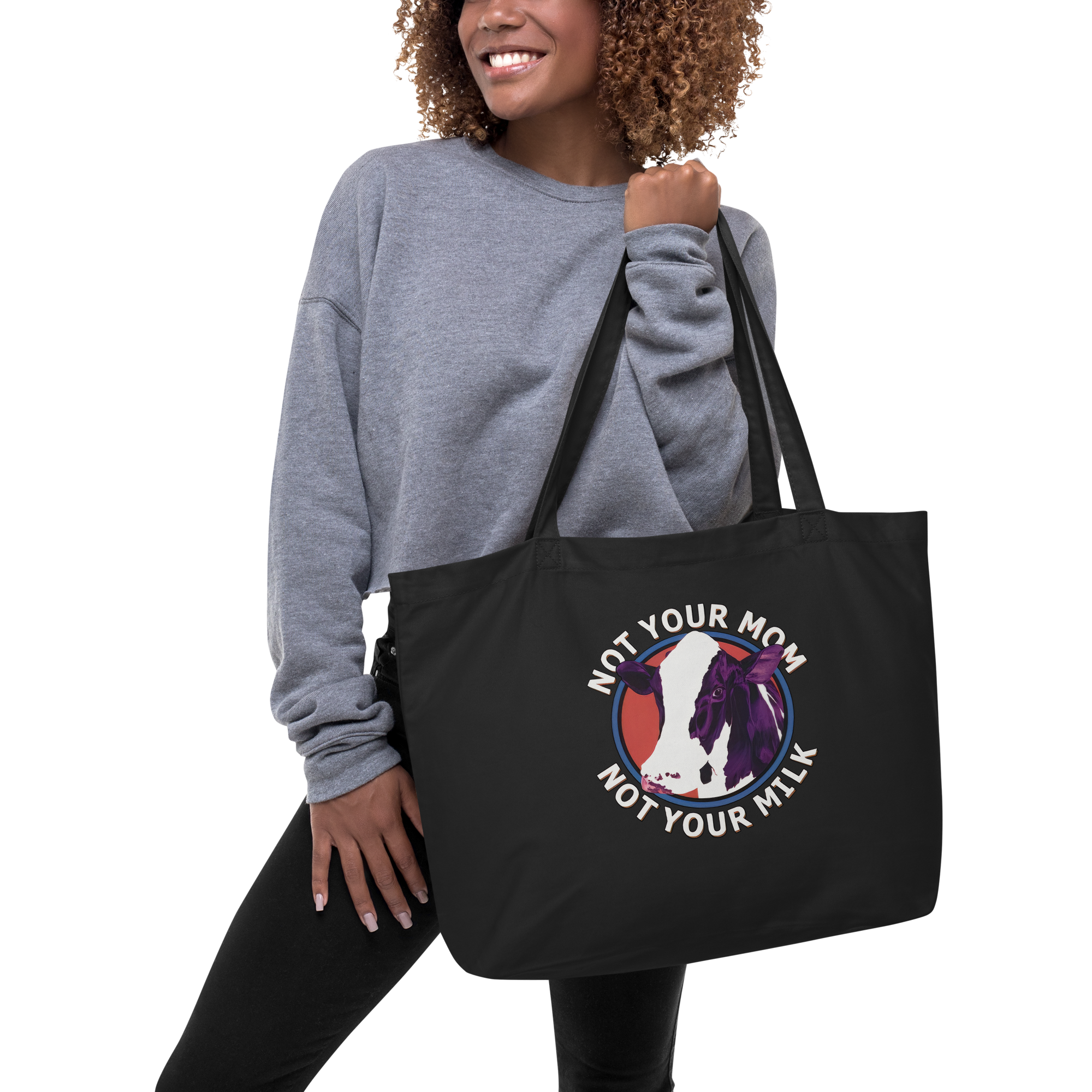 Adorit "Not your Mom, not your Milk" Large black organic tote bag | By PhilanthroBit