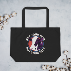 Adorit "Not your Mom, not your Milk" Large black organic tote bag with cotton background | By PhilanthroBit