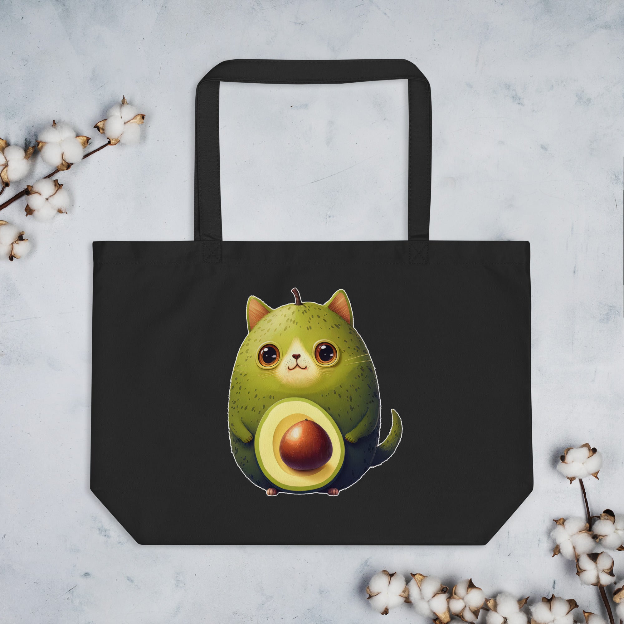 Adorit Avocado-Cat Large 100% Organic Eco Black tote bag | By PhilanthroBit