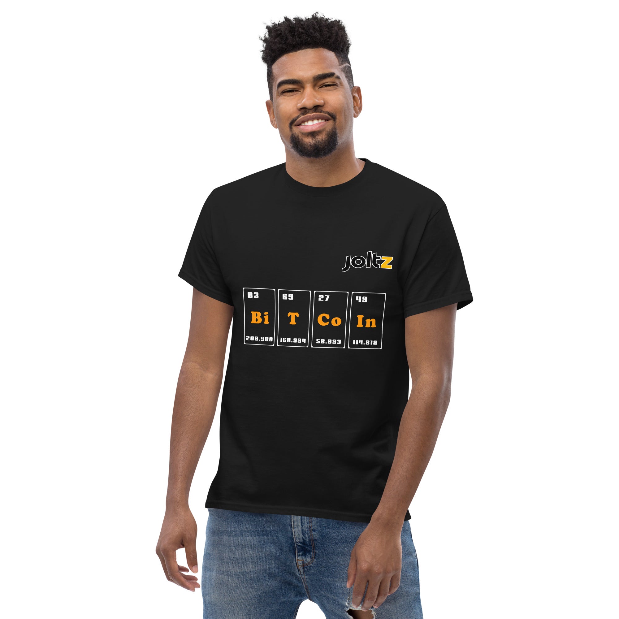 Joltz Rewards Men's Bitcoin Table of Elements - black man wearing classic black tee | tshirt by PhilanthroBit