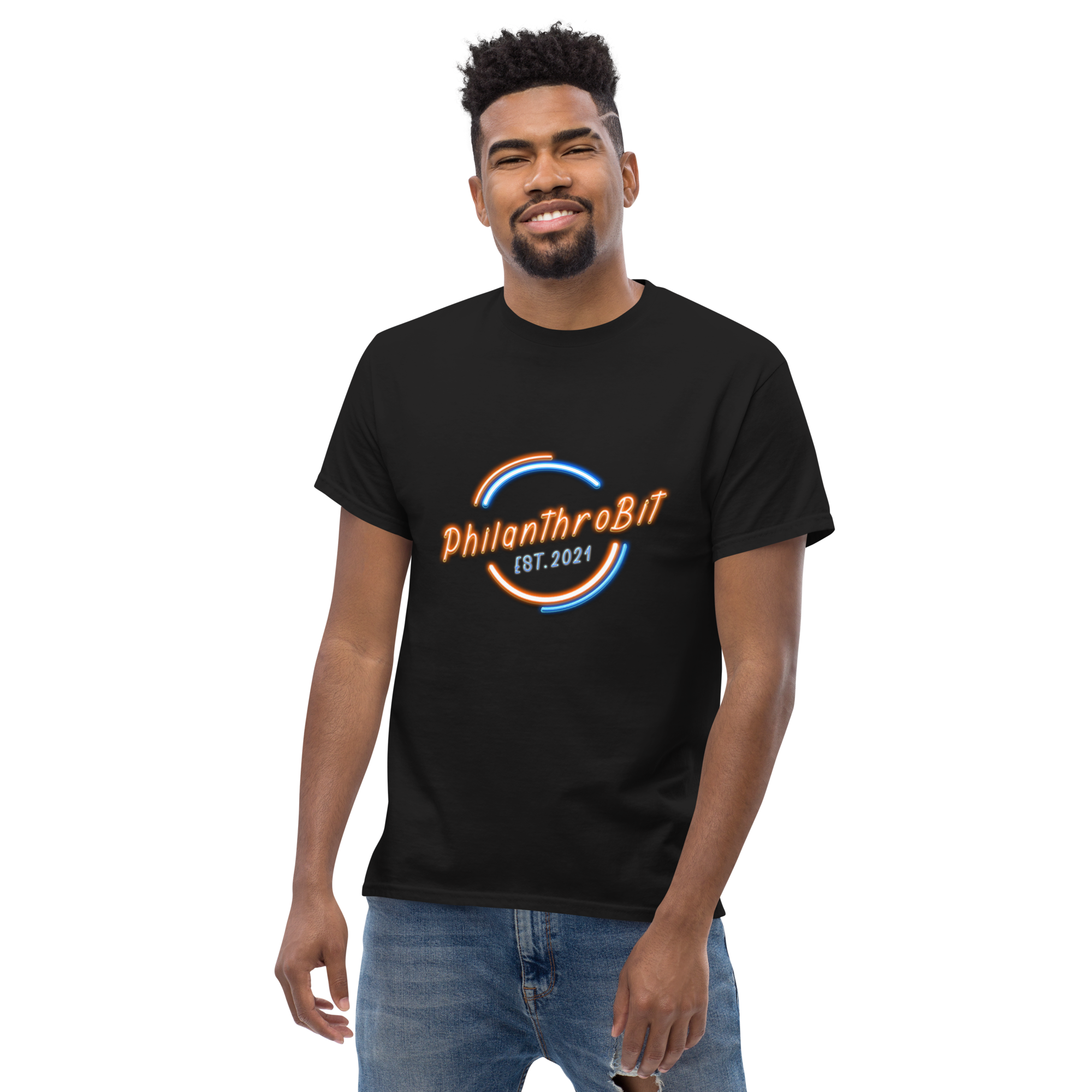 PhilanthroBit EST. 2021 Neon Men's Black classic tee worn by black male | By PhilanthroBit