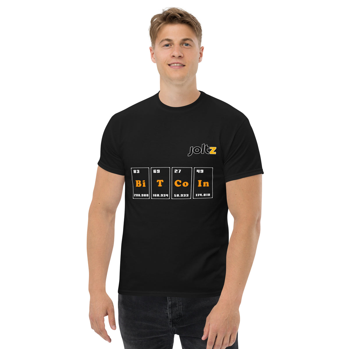 Joltz Rewards Men's Bitcoin Table of Elements - man with brown hair wearing classic black tee | tshirt by PhilanthroBit