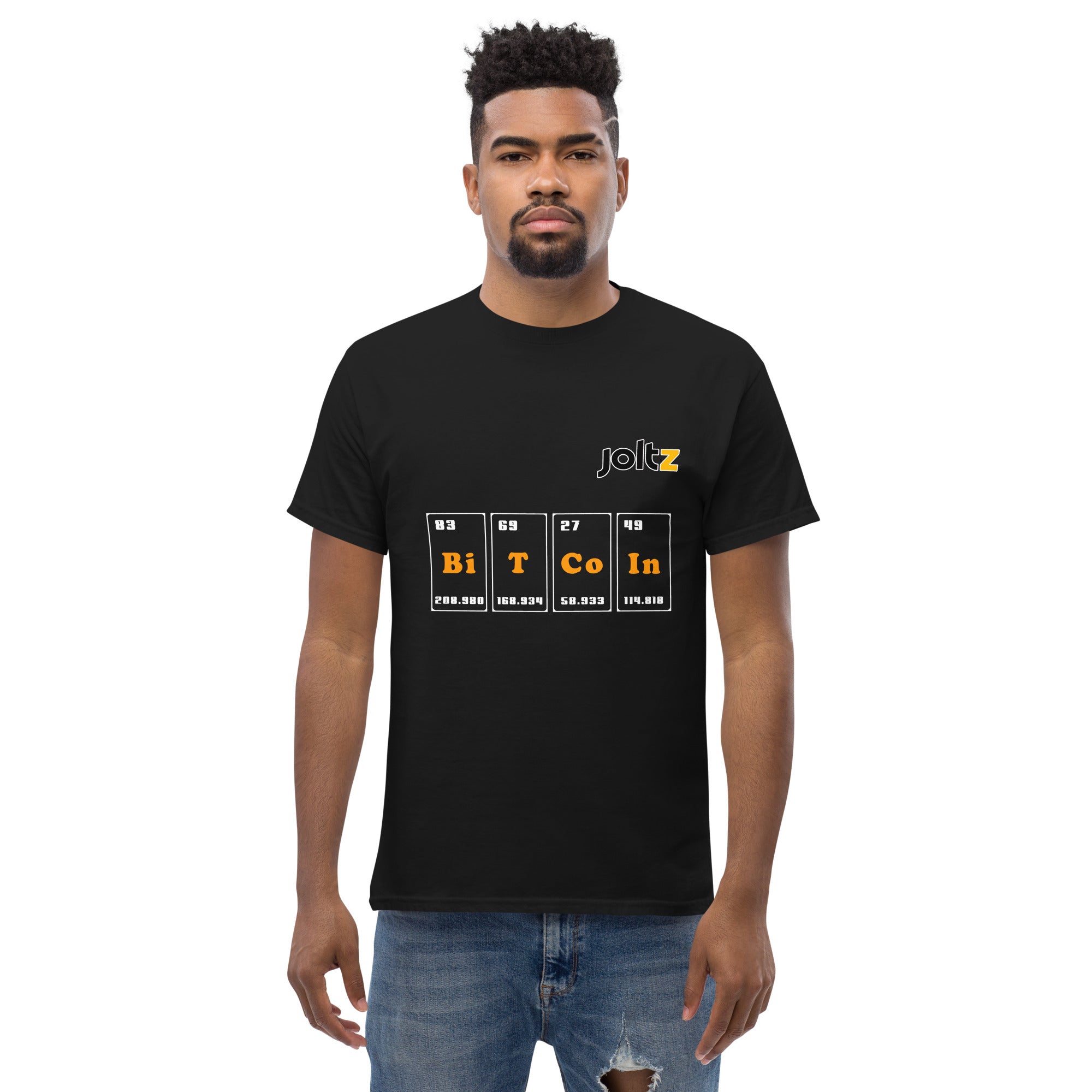 Joltz Rewards Men's Bitcoin Table of Elements - black man wearing classic black tee - front facing | tshirt by PhilanthroBit