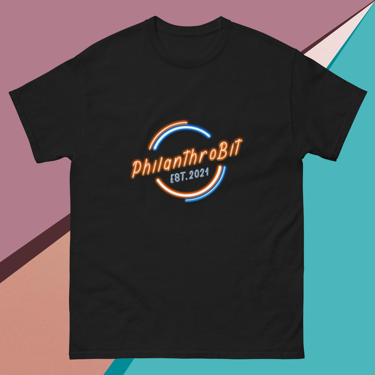 PhilanthroBit EST. 2021 Neon Men's Black classic tee over a colored background | By PhilanthroBit