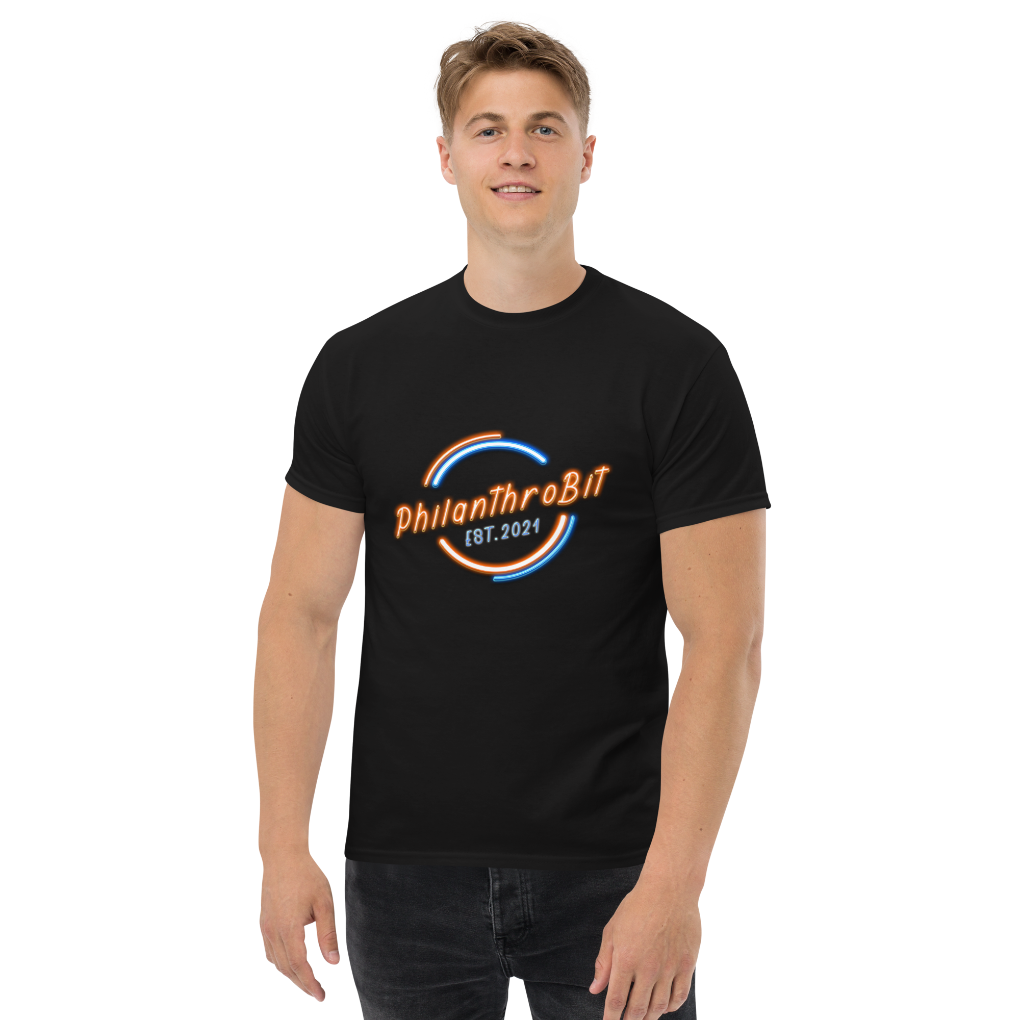 PhilanthroBit EST. 2021 Neon Men's Black classic tee worn by caucasian male | By PhilanthroBit