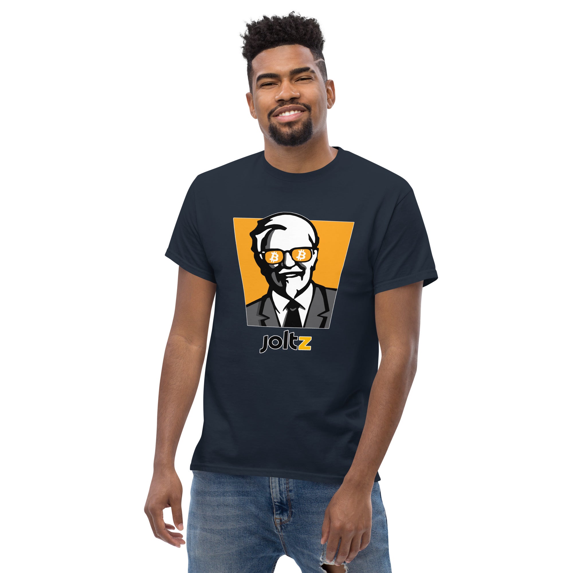 JOLTZ Rewards | Colonel Bitcoin Men's classic tee - Colonel with Bitcoin sunglasses - front view with smile | By PhilanthroBit