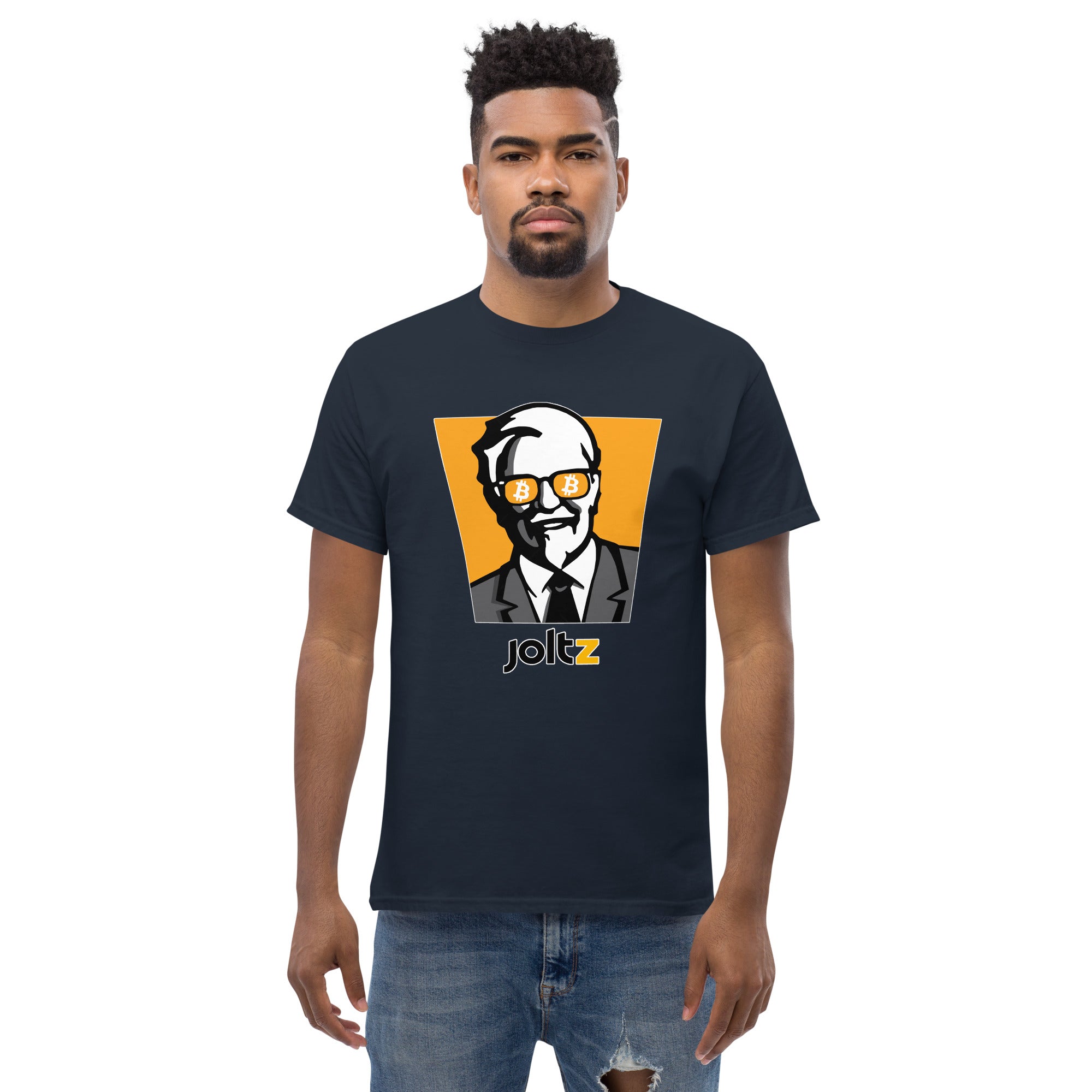 JOLTZ Rewards | Colonel Bitcoin Men's classic tee - Colonel with Bitcoin sunglasses - front view without smile | By PhilanthroBit