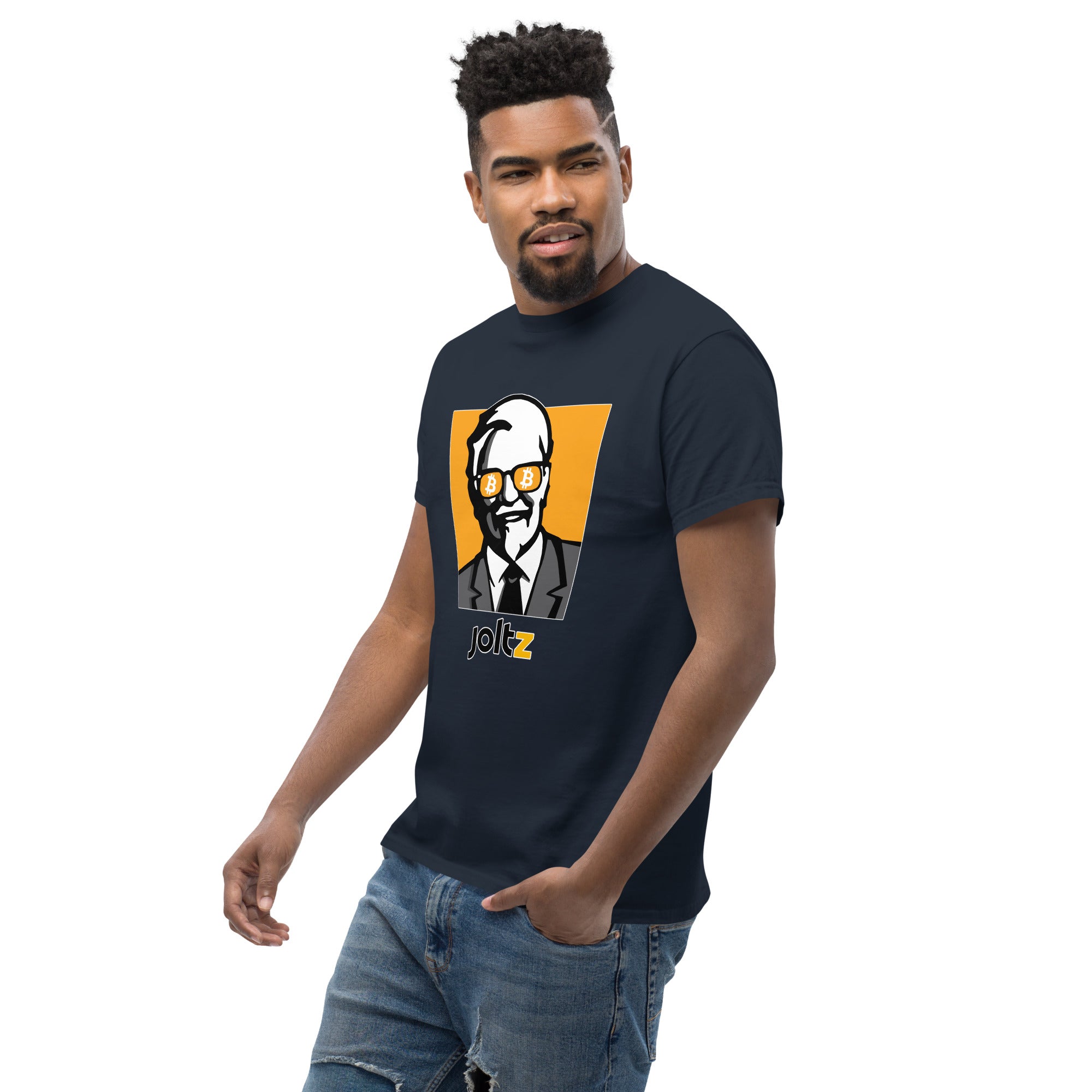 JOLTZ Rewards | Colonel Bitcoin Men's classic tee - Colonel with Bitcoin sunglasses - left view | By PhilanthroBit