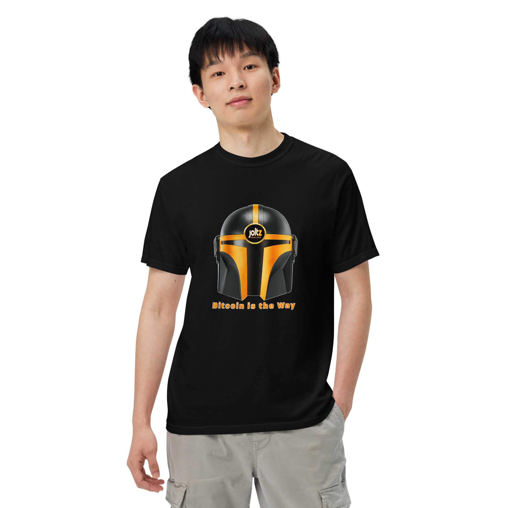 Joltz Rewards' "Bitcoin is the Way" Helmet Men’s garment-dyed heavyweight t-shirt - man black front 3 | By PhilanthroBit