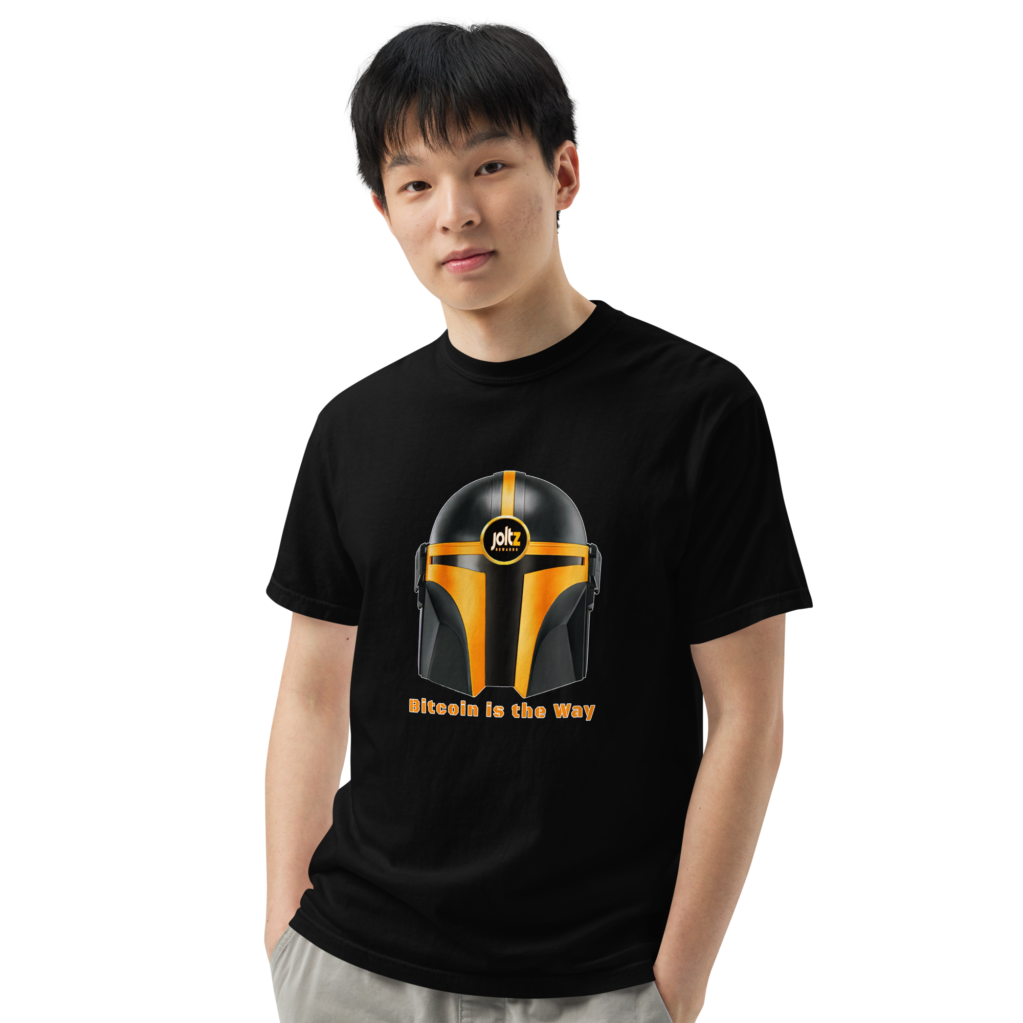 Joltz Rewards' "Bitcoin is the Way" Helmet Men’s garment-dyed heavyweight t-shirt - man black front | By PhilanthroBit