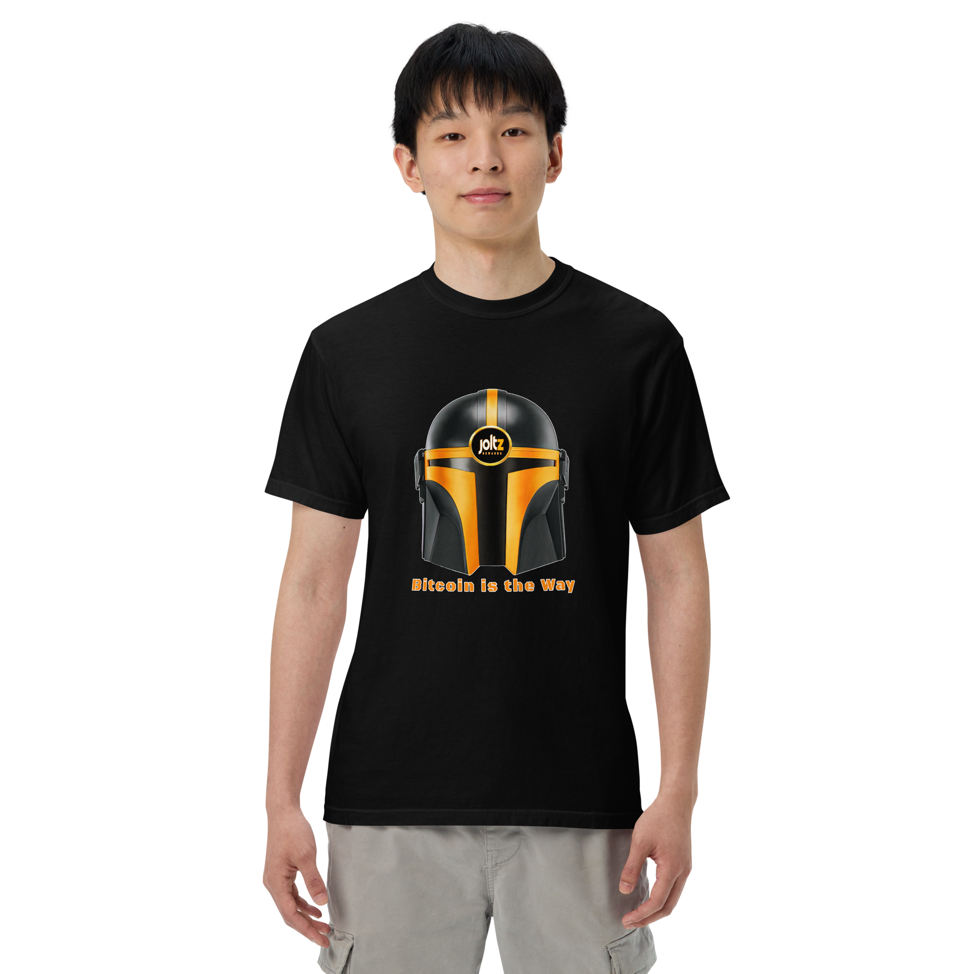 Joltz Rewards' "Bitcoin is the Way" Helmet Men’s garment-dyed heavyweight t-shirt - man black front 2 | By PhilanthroBit