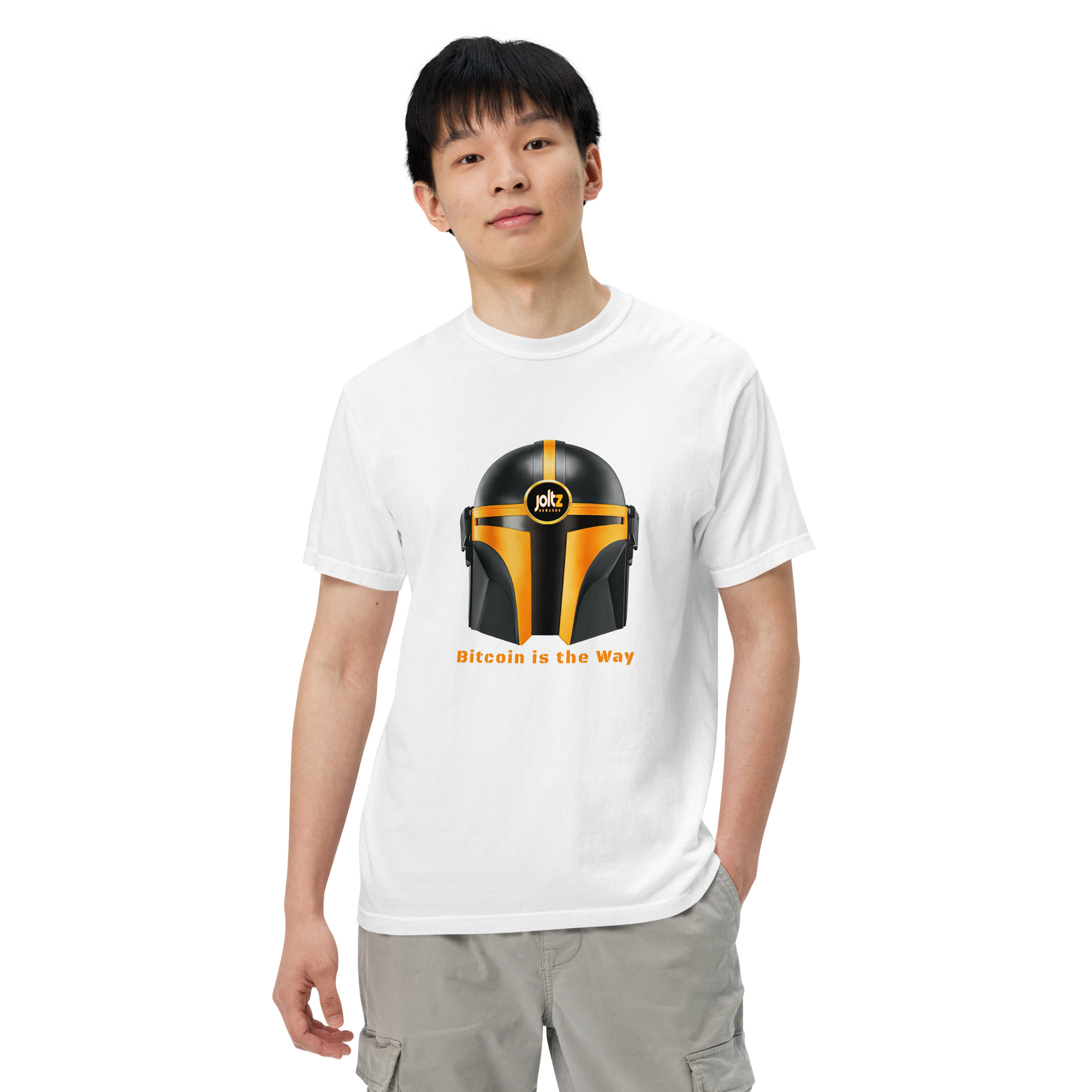 Joltz Rewards' "Bitcoin is the Way" Helmet Men’s garment-dyed heavyweight t-shirt - man white front 2 | By PhilanthroBit