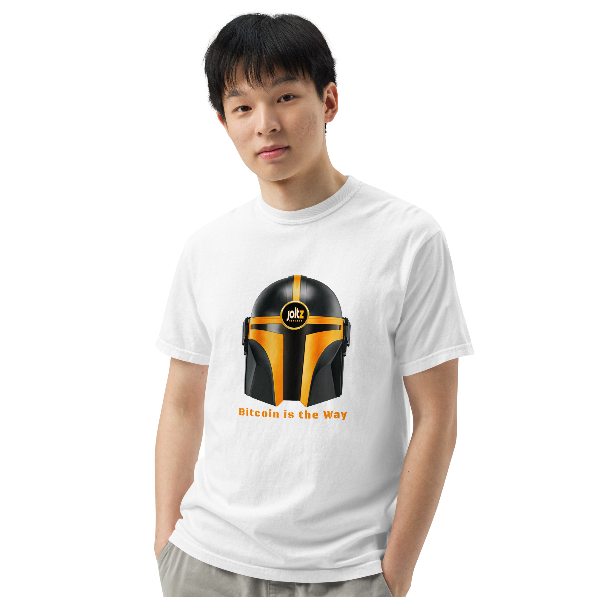 Joltz Rewards' "Bitcoin is the Way" Helmet Men’s garment-dyed heavyweight t-shirt - man white front 3 | By PhilanthroBit