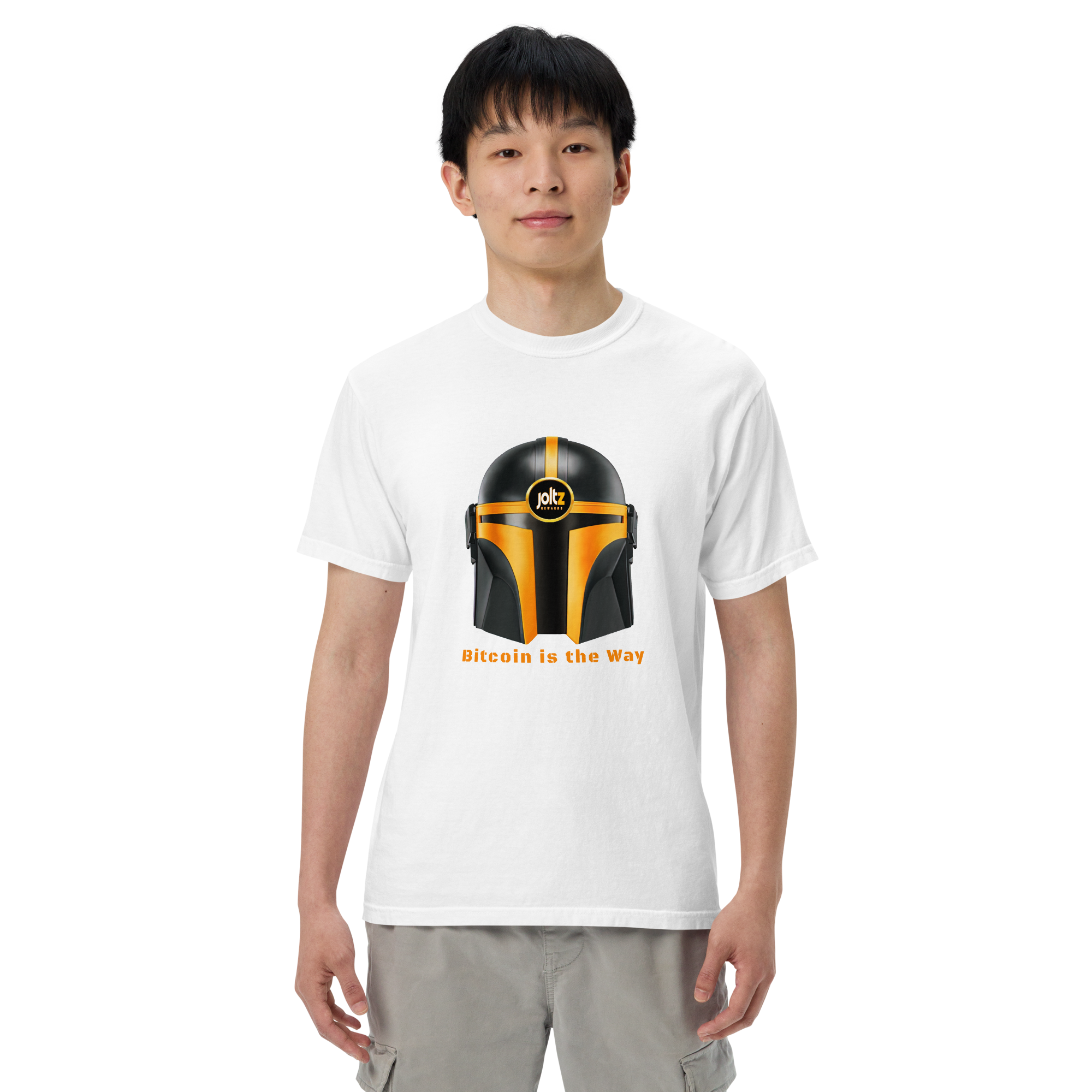 Joltz Rewards' "Bitcoin is the Way" Helmet Men’s garment-dyed heavyweight t-shirt - man white front | By PhilanthroBit