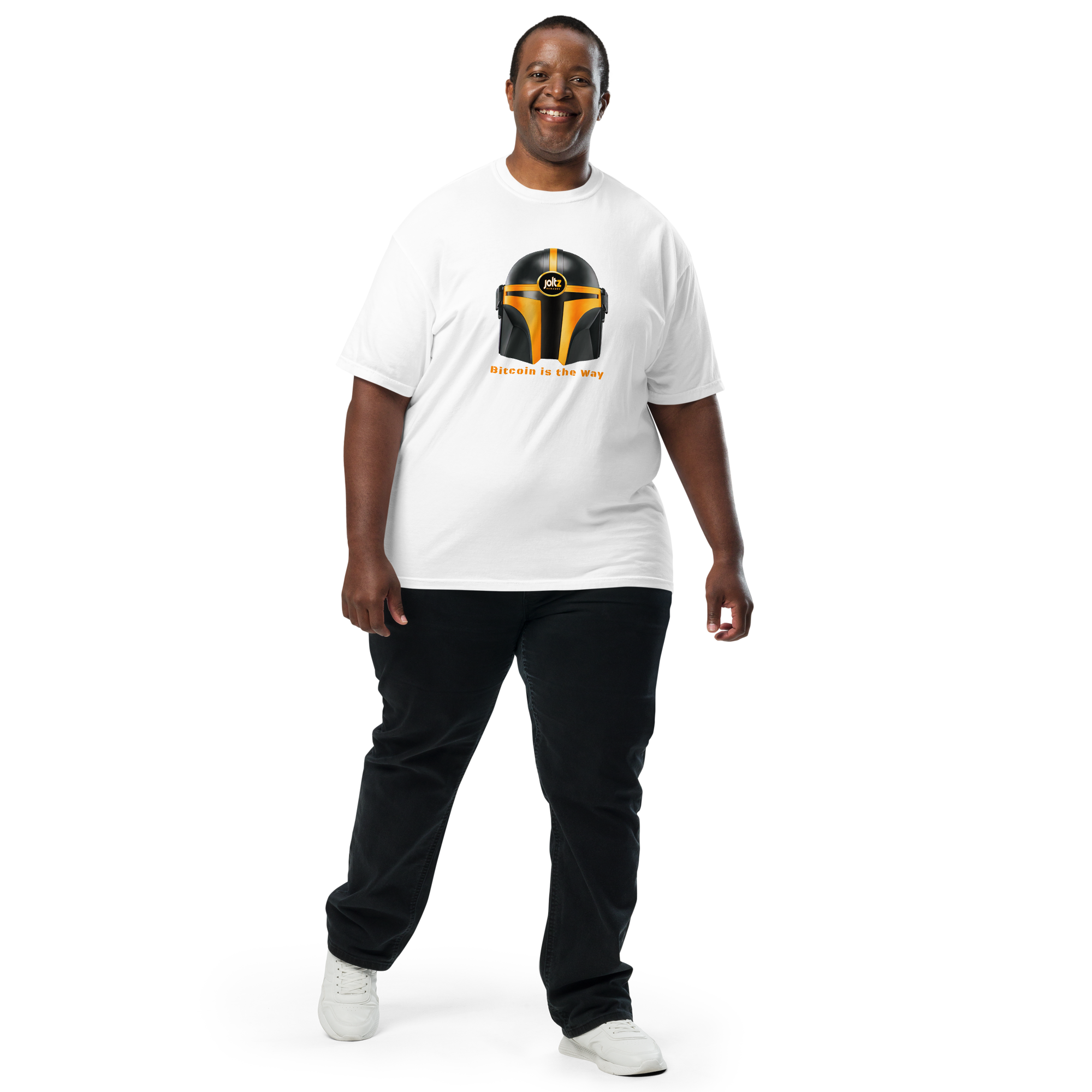 Joltz Rewards' "Bitcoin is the Way" Helmet Men’s garment-dyed heavyweight t-shirt - man 2 white front | By PhilanthroBit