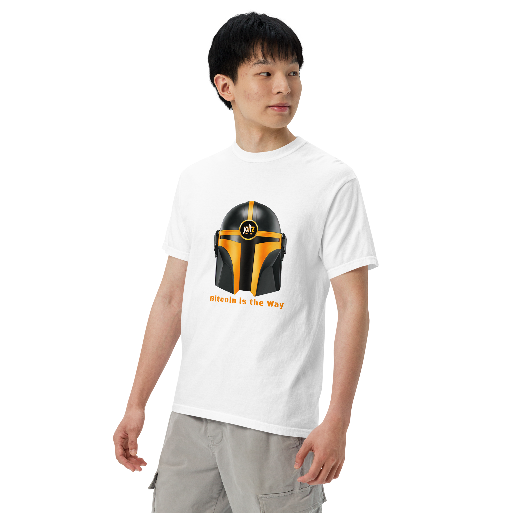 Joltz Rewards' "Bitcoin is the Way" Helmet Men’s garment-dyed heavyweight t-shirt - man white left front | By PhilanthroBit