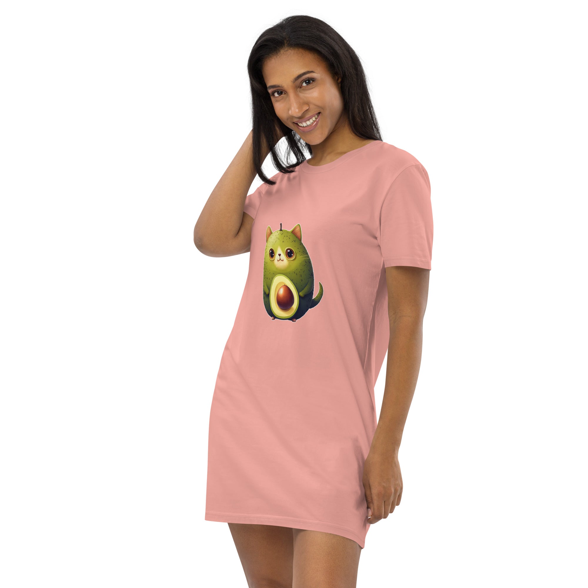 Adorit Avocado-Cat 100% Organic cotton t-shirt dress - canyon pink - left front | By PhilanthroBit