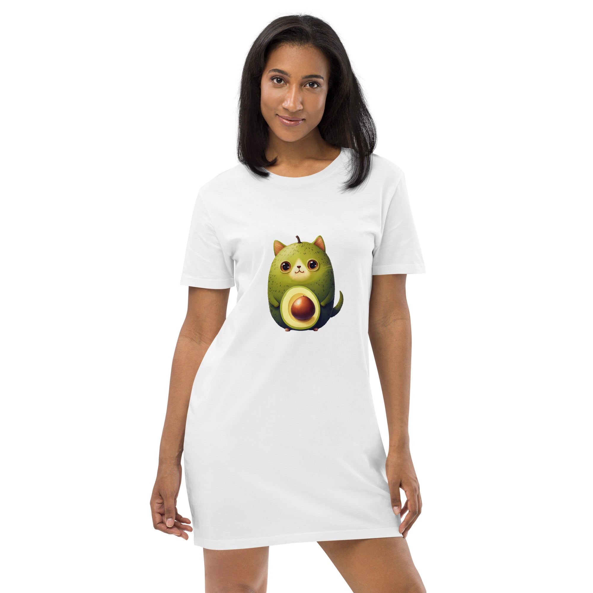 Adorit Avocado-Cat 100% Organic cotton t-shirt dress - canyon white - front | By PhilanthroBit