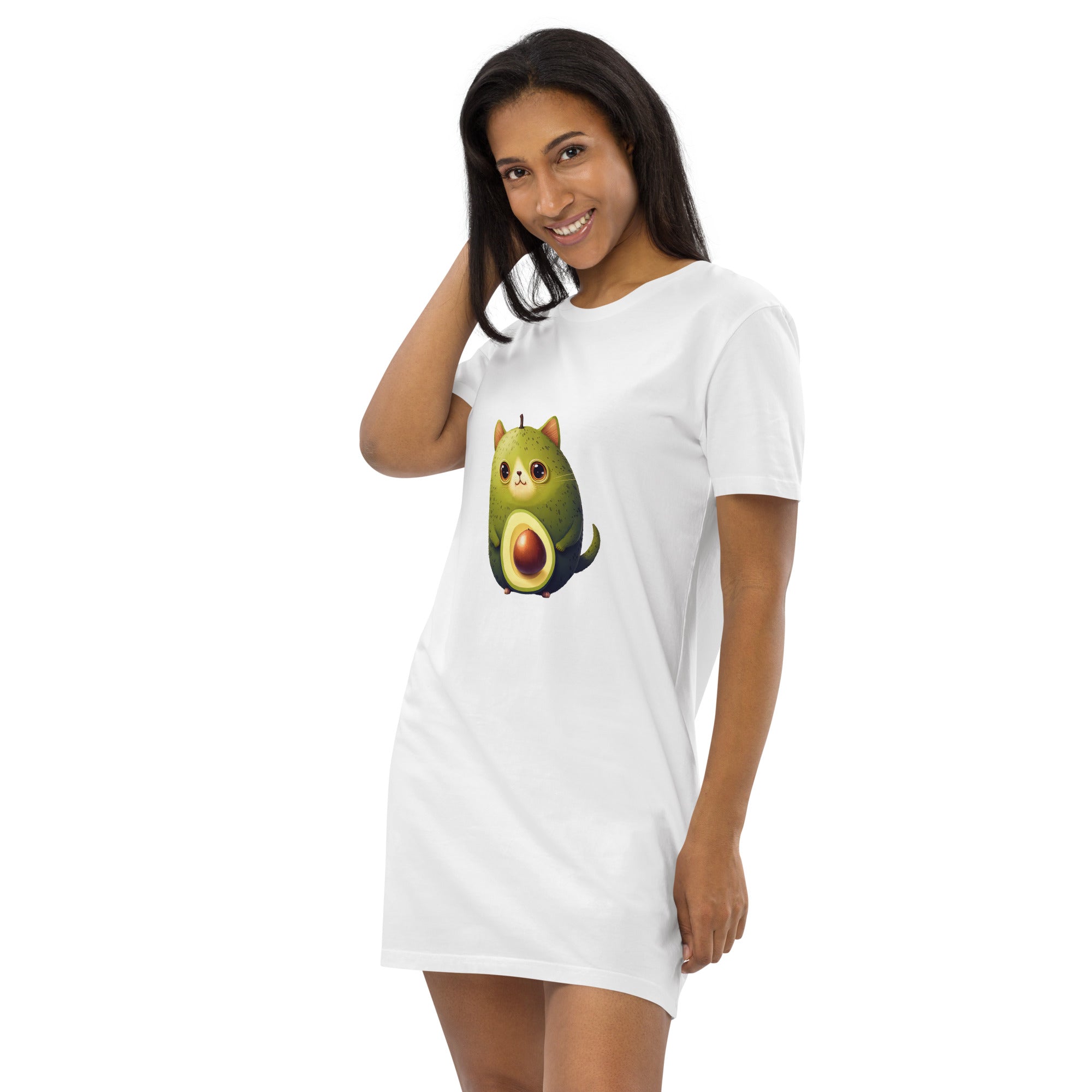 Adorit Avocado-Cat 100% Organic cotton t-shirt dress - canyon white - left front | By PhilanthroBit