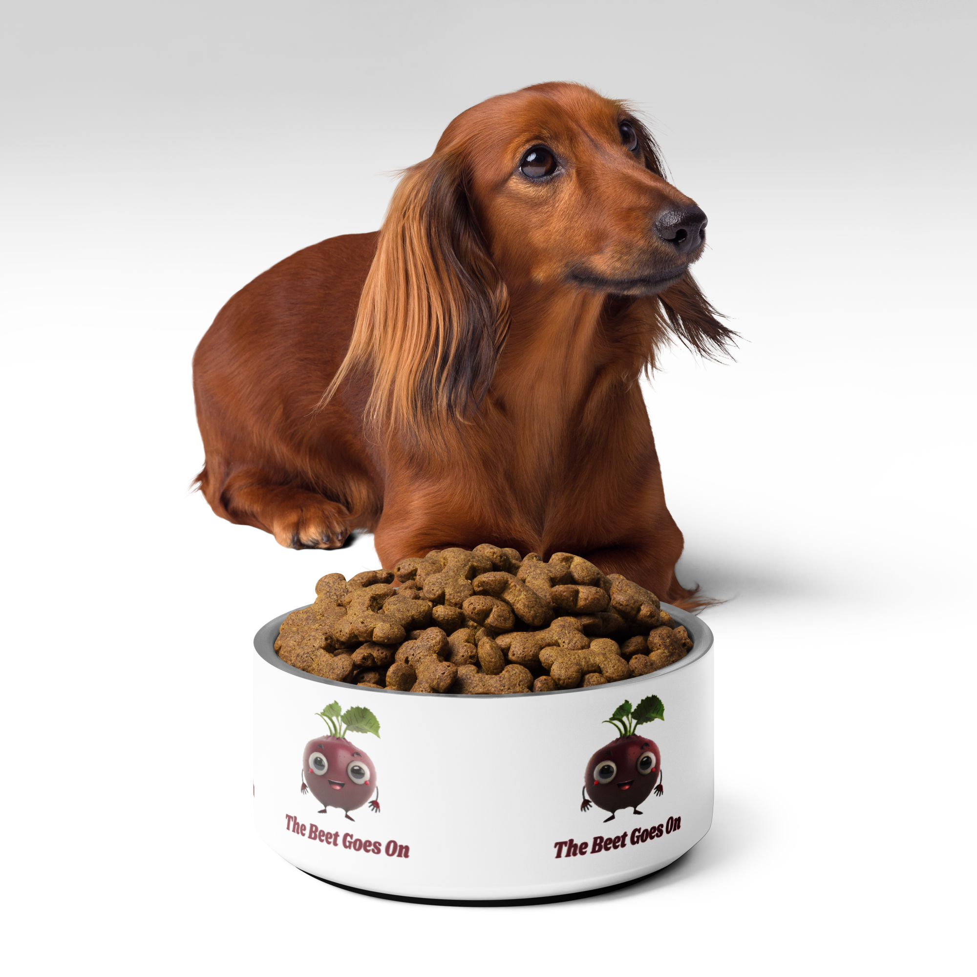 Adorit's "The Beet Goes On" 32 oz featuring a brown dog and Pet bowl filled with dog food| By PhilanthroBit