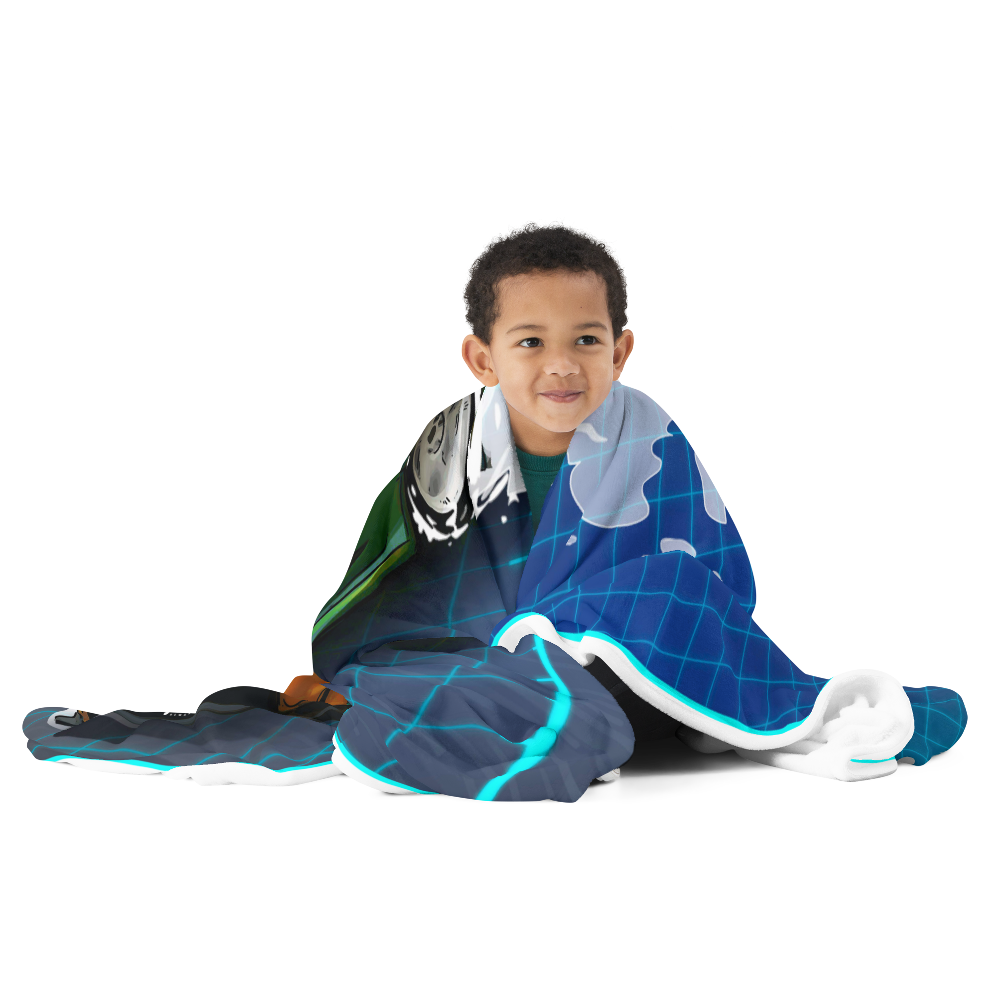 Joltz Rewards Bitcoin Race Car Throw Blanket worn by a small boy | By PhilanthroBit