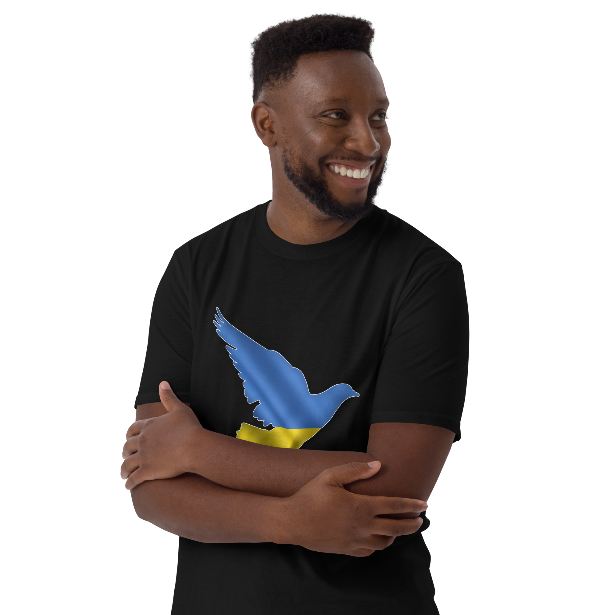 Peace in Ukraine Dove over the Ukrainian Flag Short-Sleeve Unisex T-Shirt - man black front