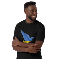 Peace in Ukraine Dove over the Ukrainian Flag Short-Sleeve Unisex T-Shirt - man black front