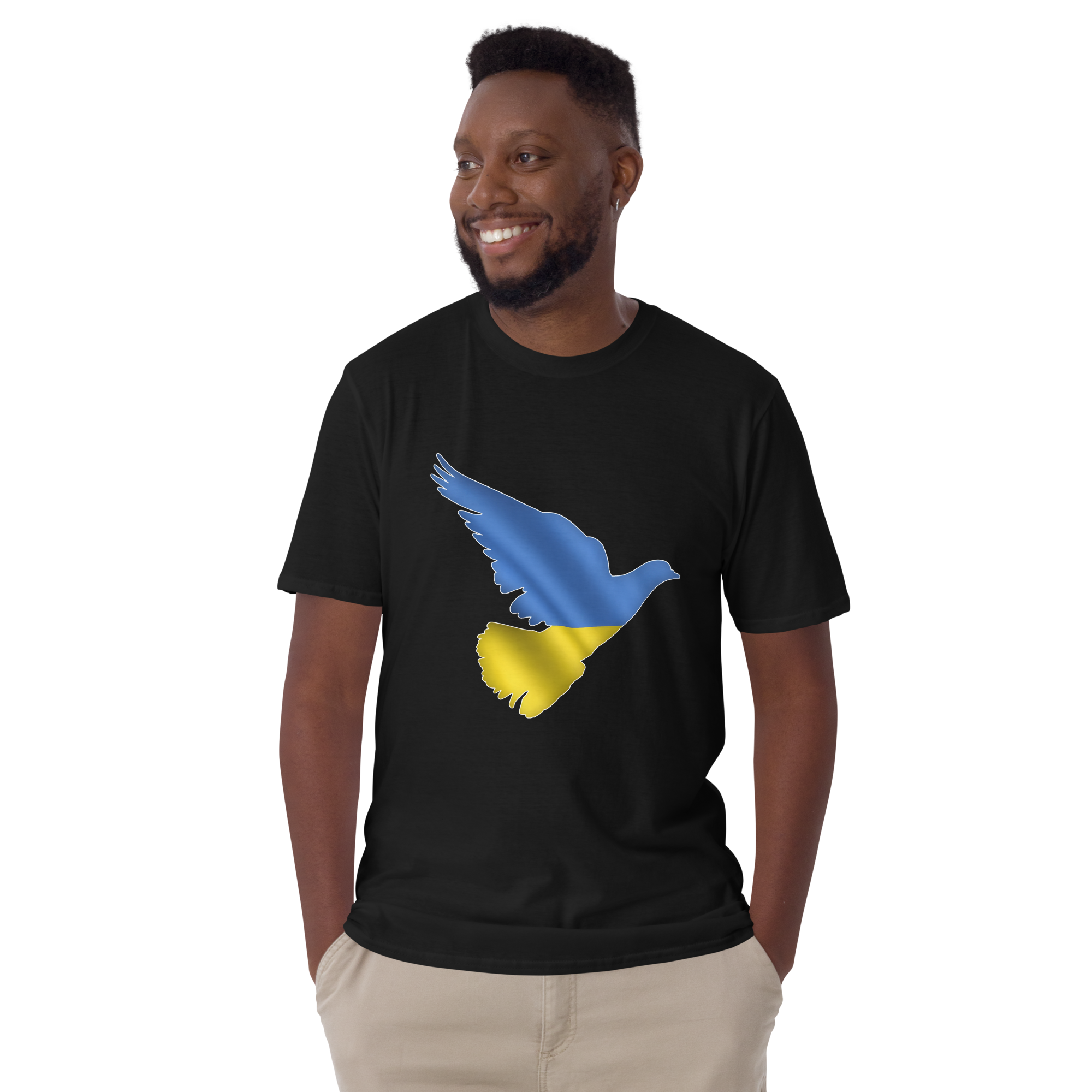 Peace in Ukraine Dove over the Ukrainian Flag Short-Sleeve Unisex T-Shirt - man black front 2