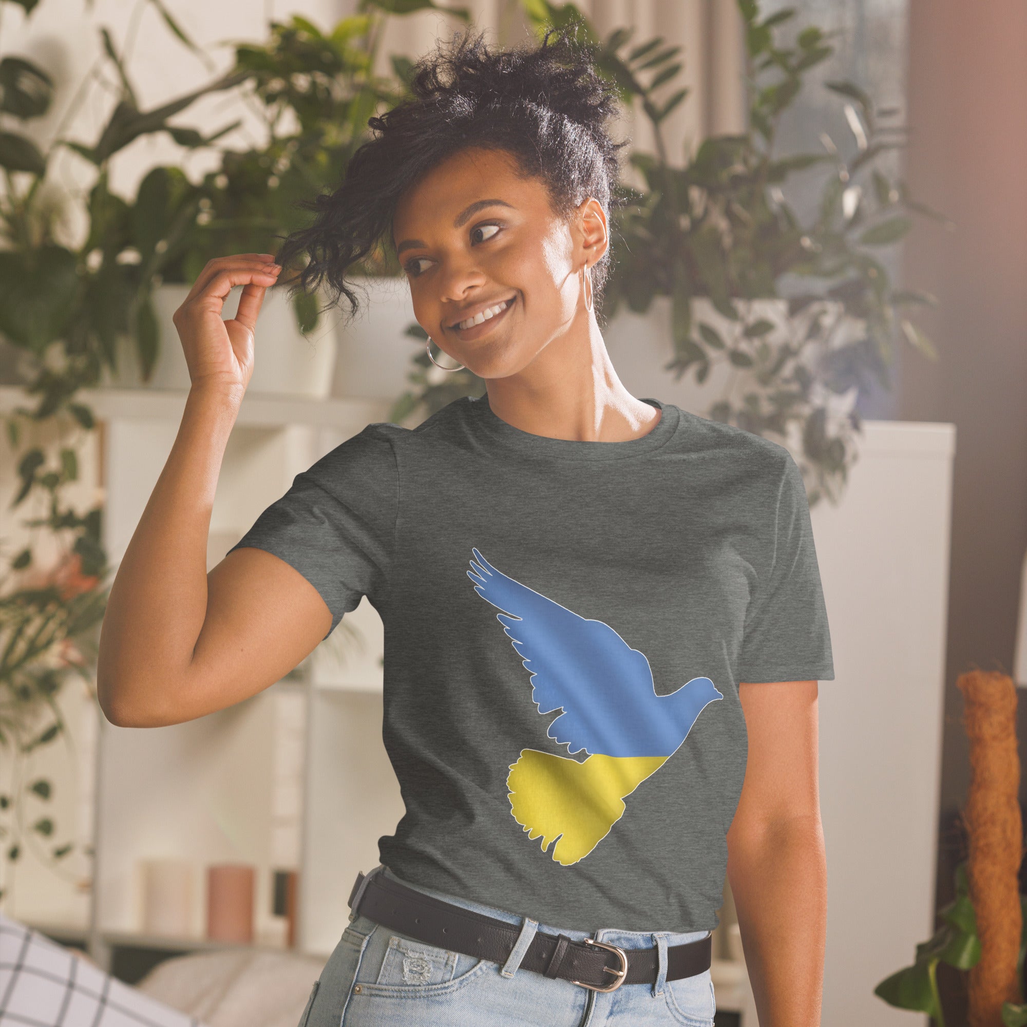 Peace in Ukraine Dove over the Ukrainian Flag Short-Sleeve Unisex T-Shirt - dark heather grey front