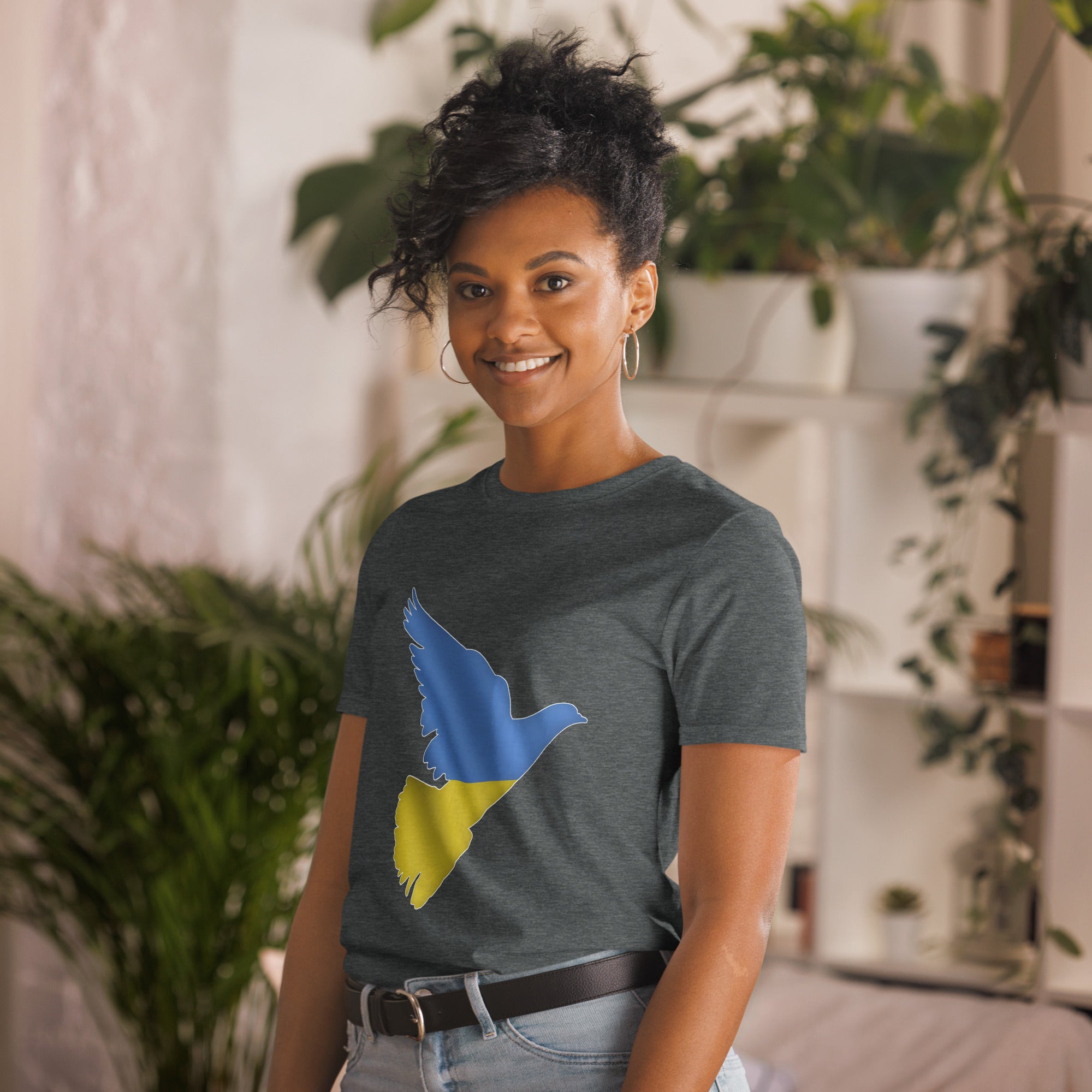 Peace in Ukraine Dove over the Ukrainian Flag Short-Sleeve Unisex T-Shirt - dark heather grey left front